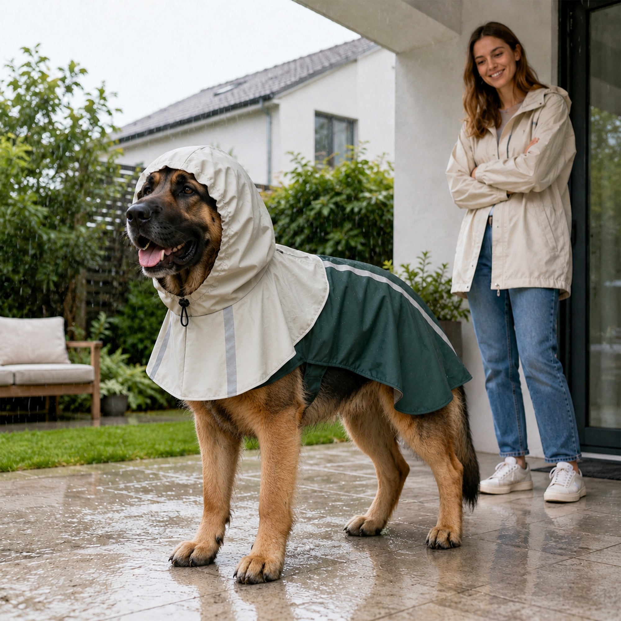 Dog Raincoat with Hood, Waterproof & Breathable Rain Jacket with Reflective Strips and Leash Hole, Adjustable Poncho for Extra Large Dogs, 30-40 KG Available, Green, XL
