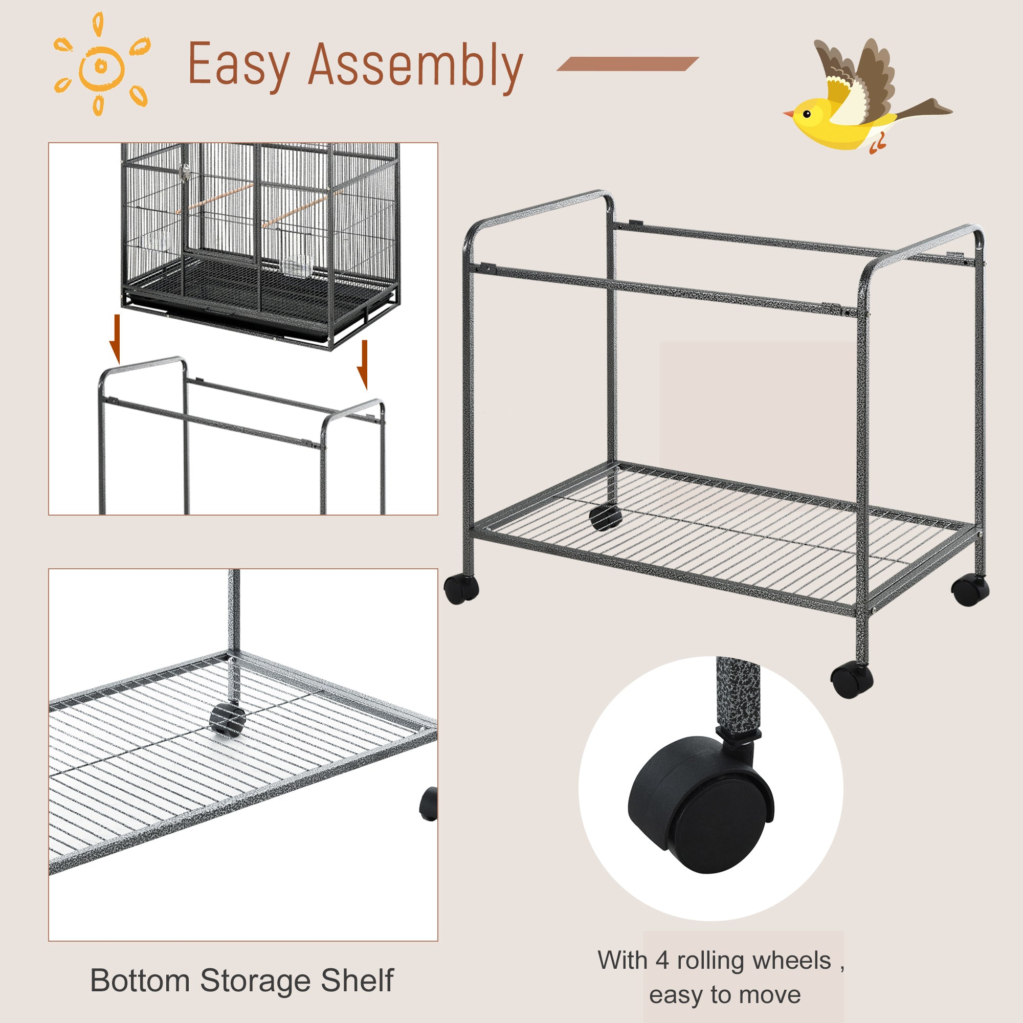 64" Large Bird Cage, Rolling Metal Parrot Cage, Bird House with Detachable Rolling Stand, Storage Shelf, Wood Perch, Food Container, 30.25" x 18.5" x 64"