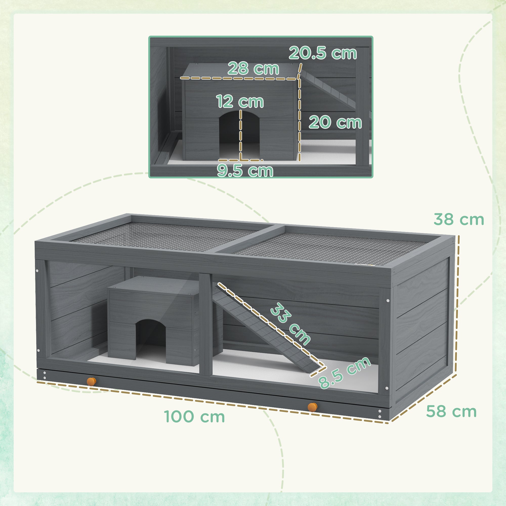 Wooden Hamster Cage, Small Animal Cage with Sliding Tray, Openable Top, Hut, Exercise Play House for Syrian Hamsters, Grey