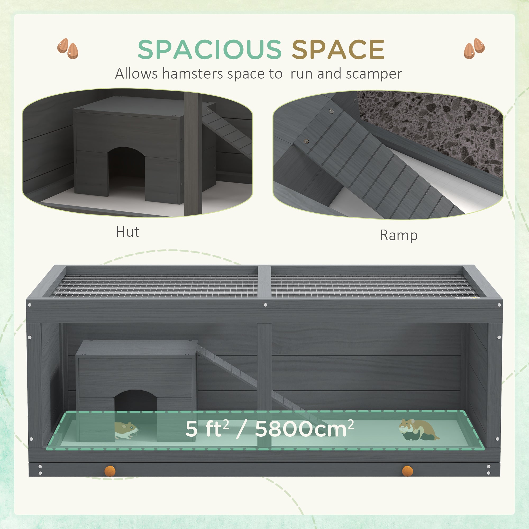 Wooden Hamster Cage, Small Animal Cage with Sliding Tray, Openable Top, Hut, Exercise Play House for Syrian Hamsters, Grey