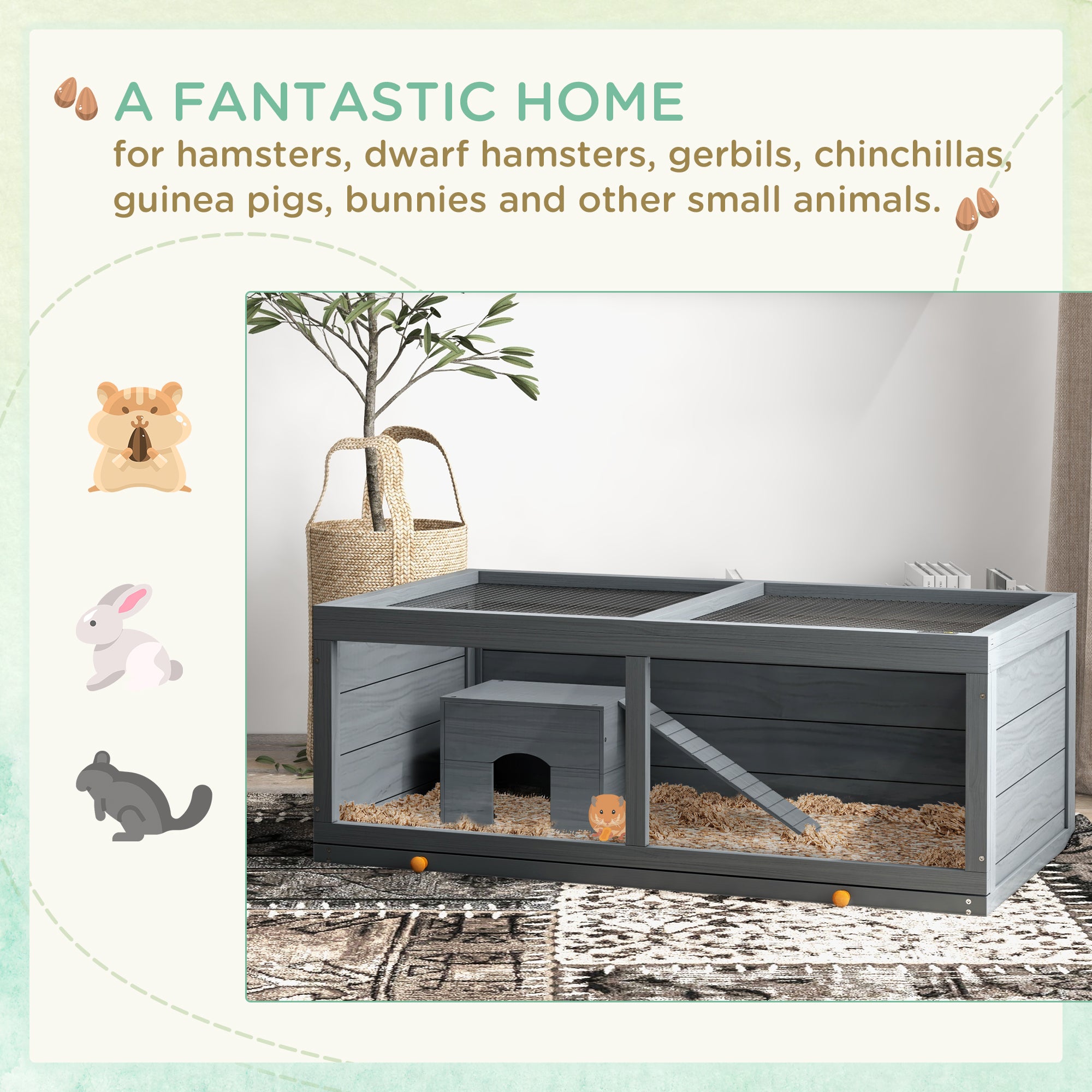 Wooden Hamster Cage, Small Animal Cage with Sliding Tray, Openable Top, Hut, Exercise Play House for Syrian Hamsters, Grey
