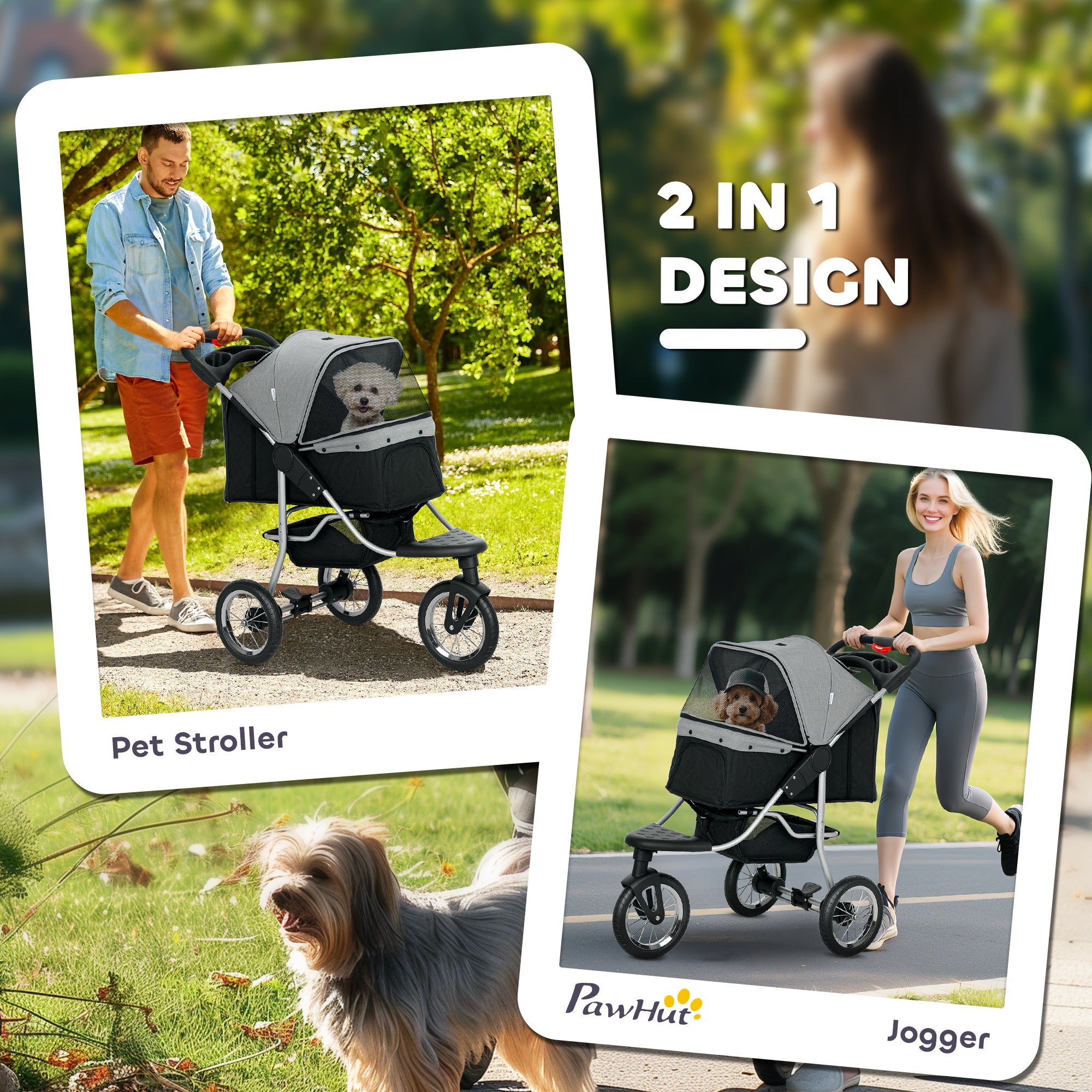 Luxury Pet Stroller Lightweight Dog Cat Travel Carriage with 3-Rubber Wheels, One-click Folding Design, Adjustable Canopy, Zippered Mesh Window Door, Grey