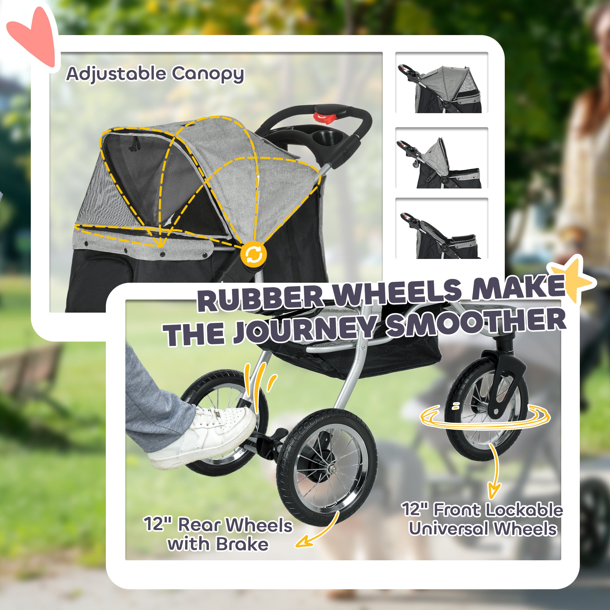 Luxury Pet Stroller Lightweight Dog Cat Travel Carriage with 3-Rubber Wheels, One-click Folding Design, Adjustable Canopy, Zippered Mesh Window Door, Grey