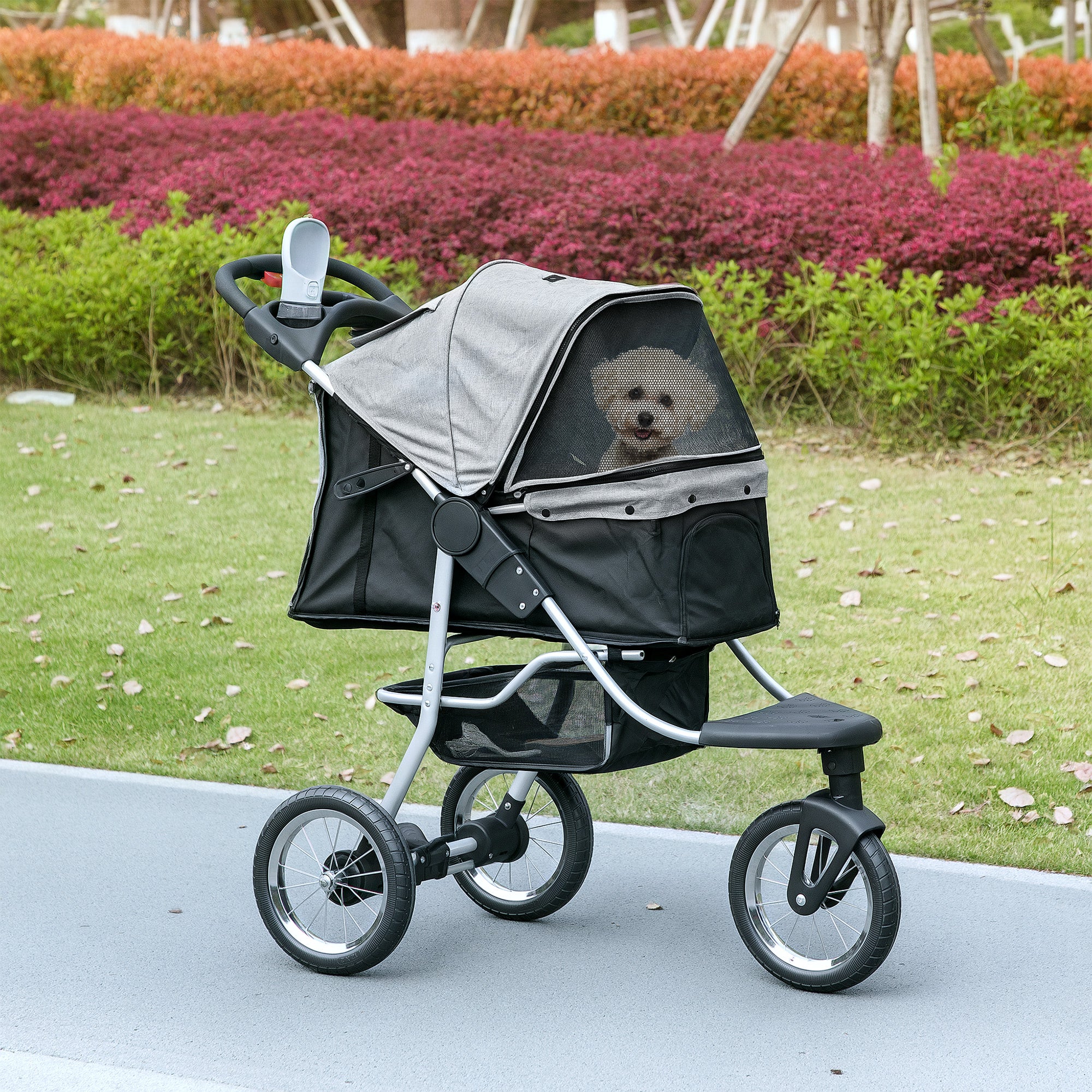 Luxury Pet Stroller Lightweight Dog Cat Travel Carriage with 3-Rubber Wheels, One-click Folding Design, Adjustable Canopy, Zippered Mesh Window Door, Grey