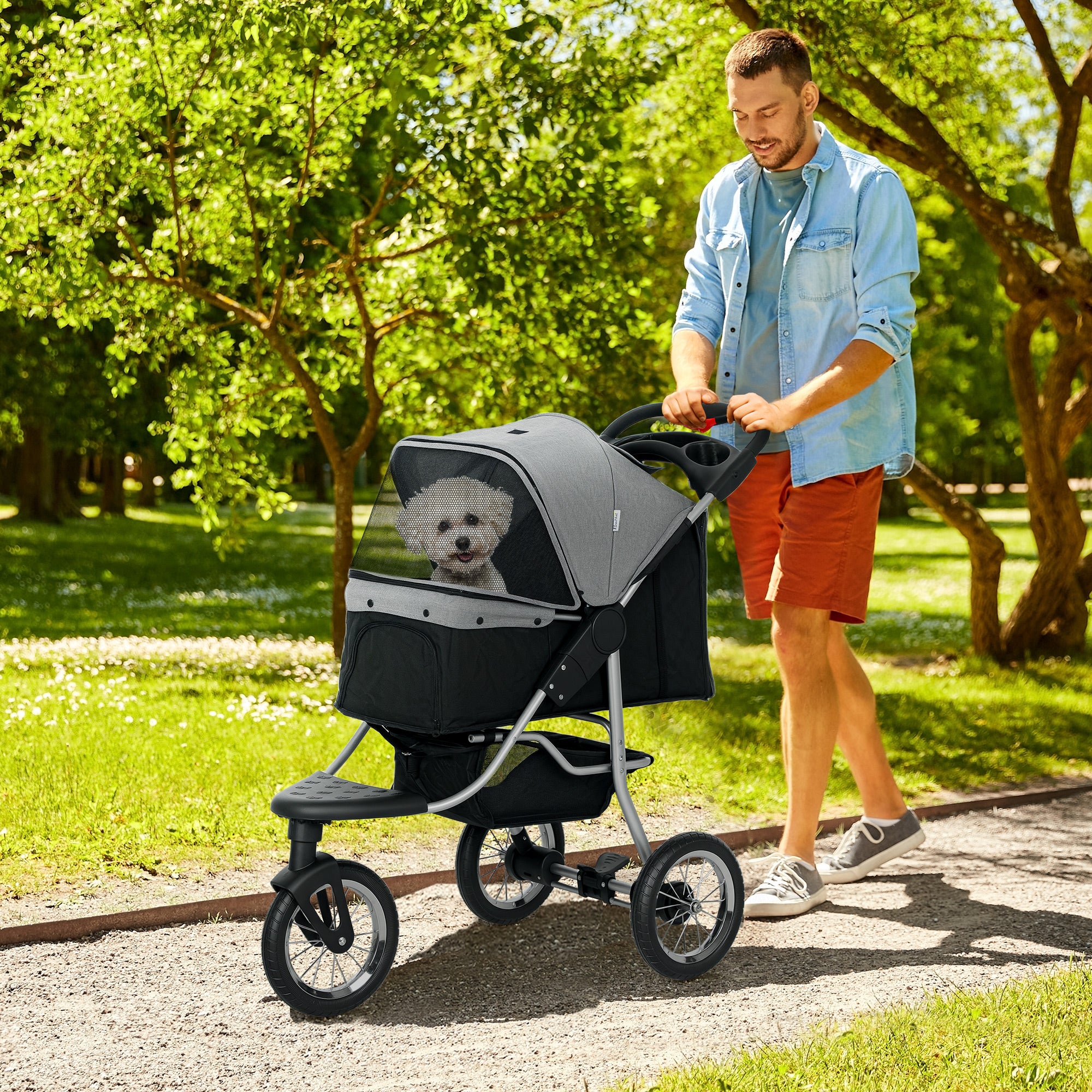 Luxury Pet Stroller Lightweight Dog Cat Travel Carriage with 3-Rubber Wheels, One-click Folding Design, Adjustable Canopy, Zippered Mesh Window Door, Grey