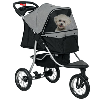 Luxury Pet Stroller Lightweight Dog Cat Travel Carriage with 3-Rubber Wheels, One-click Folding Design, Adjustable Canopy, Zippered Mesh Window Door, Grey