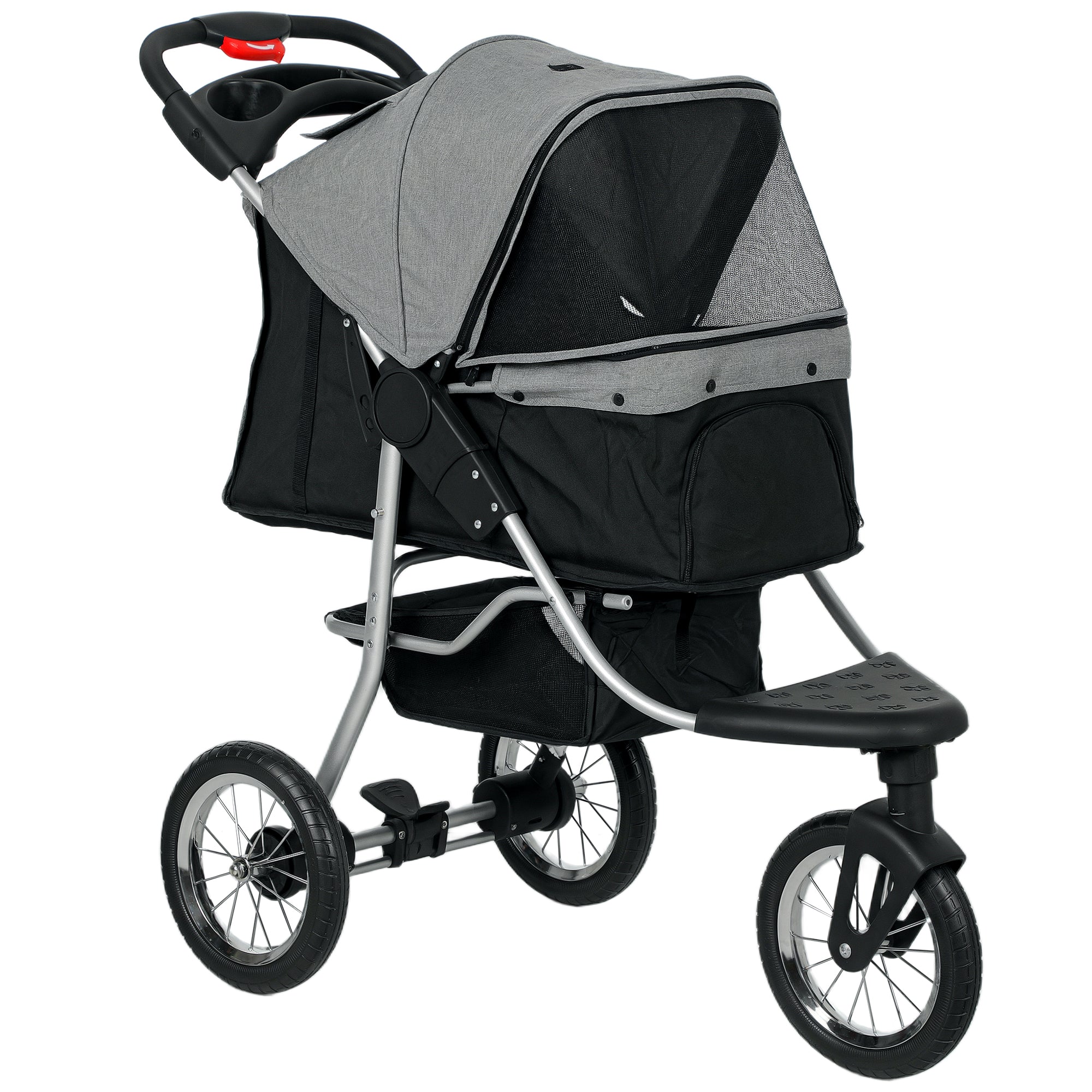 Luxury Pet Stroller Lightweight Dog Cat Travel Carriage with 3-Rubber Wheels, One-click Folding Design, Adjustable Canopy, Zippered Mesh Window Door, Grey