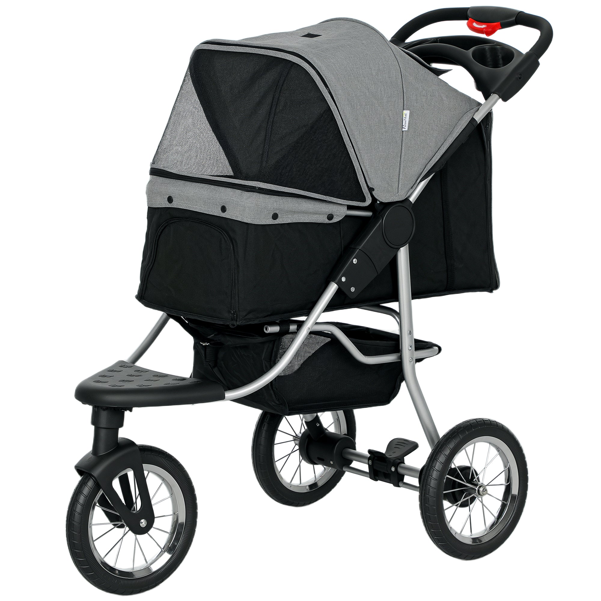 Luxury Pet Stroller Lightweight Dog Cat Travel Carriage with 3-Rubber Wheels, One-click Folding Design, Adjustable Canopy, Zippered Mesh Window Door, Grey