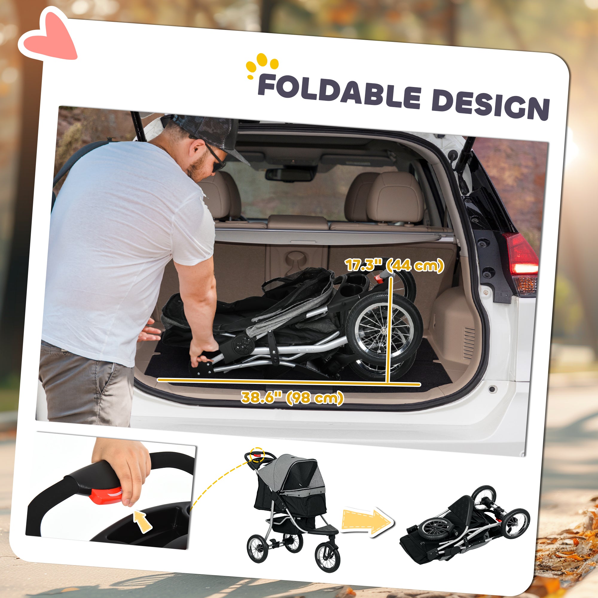 Luxury Pet Stroller Lightweight Dog Cat Travel Carriage with 3-Rubber Wheels, One-click Folding Design, Adjustable Canopy, Zippered Mesh Window Door, Grey