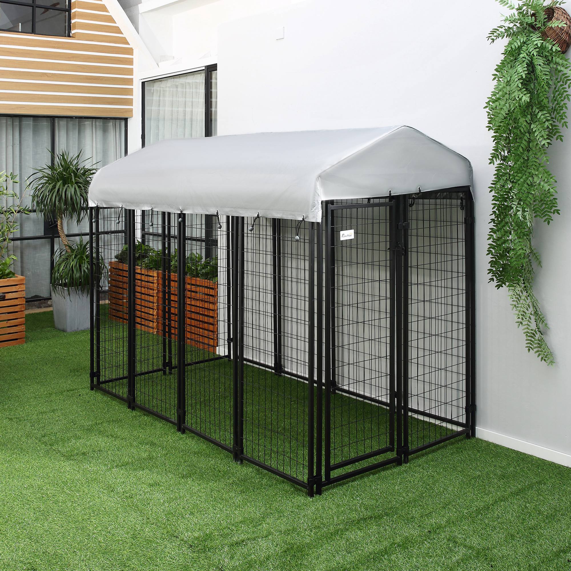 8' x 4' x 6' Large Outdoor Dog Kennel Run Steel Fence with UV-Resistant Oxford Cloth Roof & Secure Lock