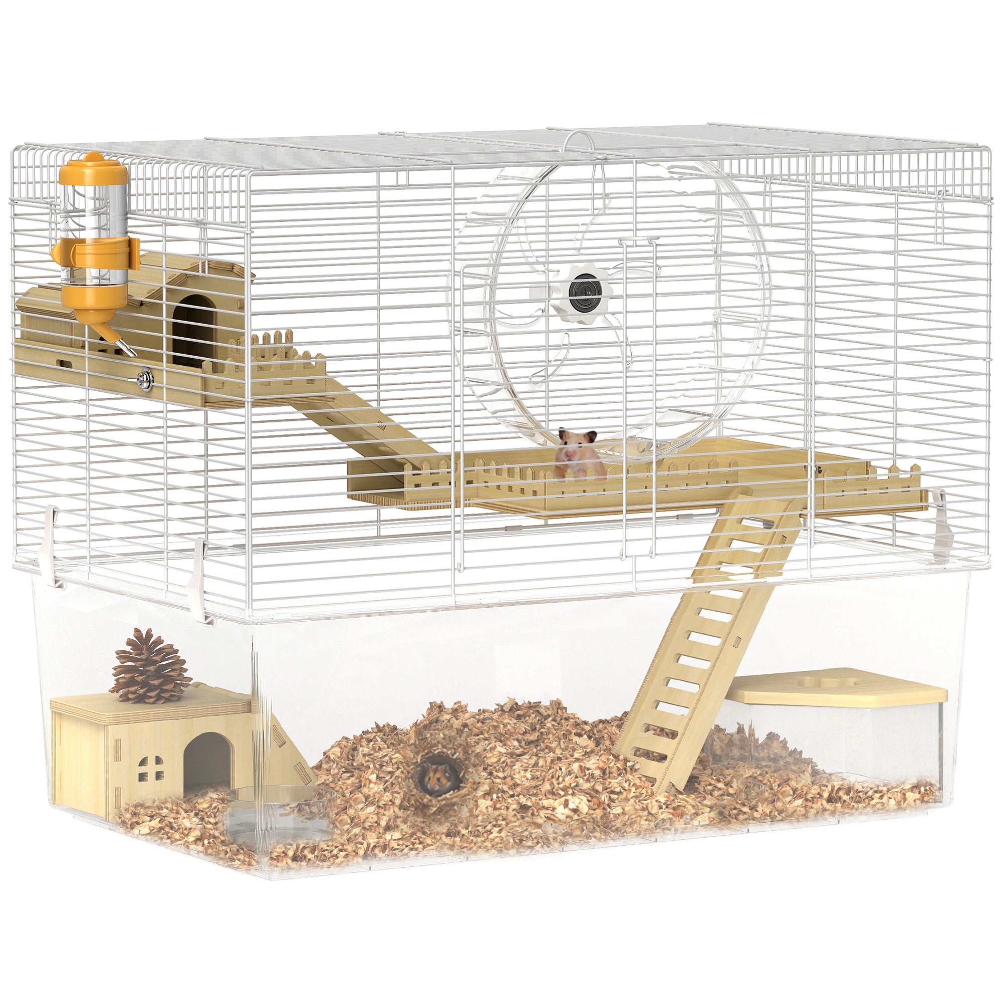Hamster Cage, Transparent Small Animal House with Deep Bottom, Wooden Ramp, Hut, Bathroom and Exercise Wheel for Hamster and Gerbil, 23.2" L x 14" W x 18.5" H, Two Huts