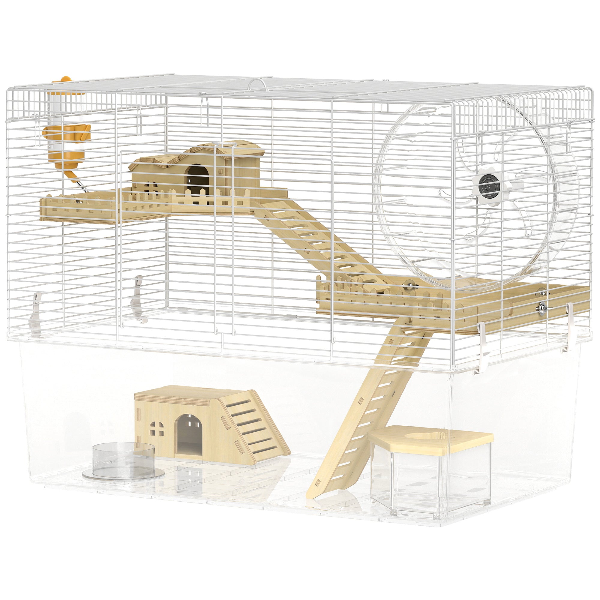 Hamster Cage, Transparent Small Animal House with Deep Bottom, Wooden Ramp, Hut, Bathroom and Exercise Wheel for Hamster and Gerbil, 23.2" L x 14" W x 18.5" H, Two Huts