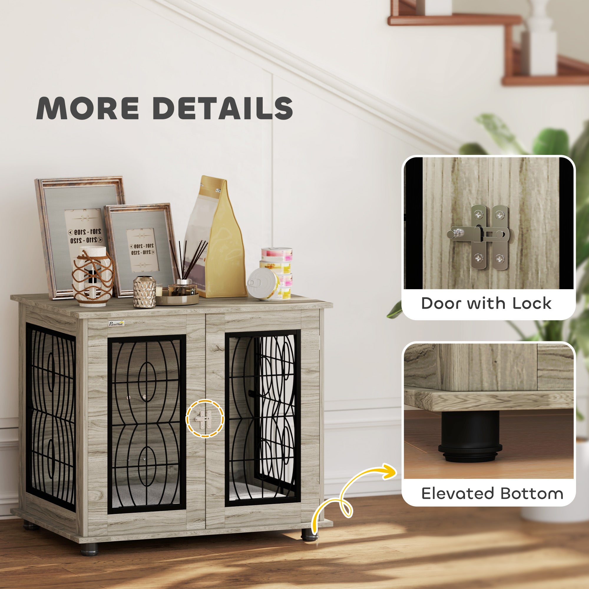 Dog Crate Furniture, Dog Cage with Soft Washable Cushion, Furniture-Style Pet Kennel Indoor House End Side Table for Small Medium Breeds, 80 x 56 x 63 cm, Grey