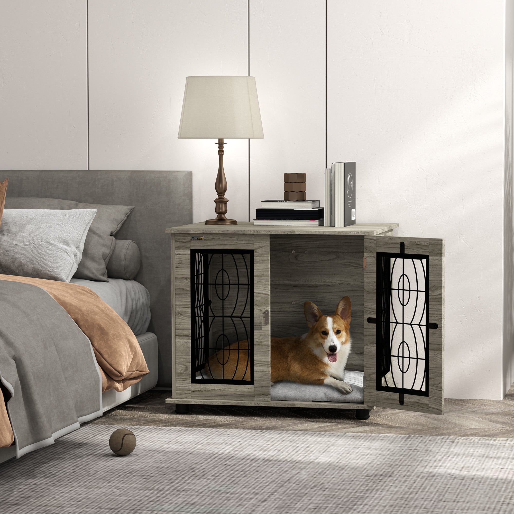 Dog Crate Furniture, Dog Cage with Soft Washable Cushion, Furniture-Style Pet Kennel Indoor House End Side Table for Small Medium Breeds, 80 x 56 x 63 cm, Grey