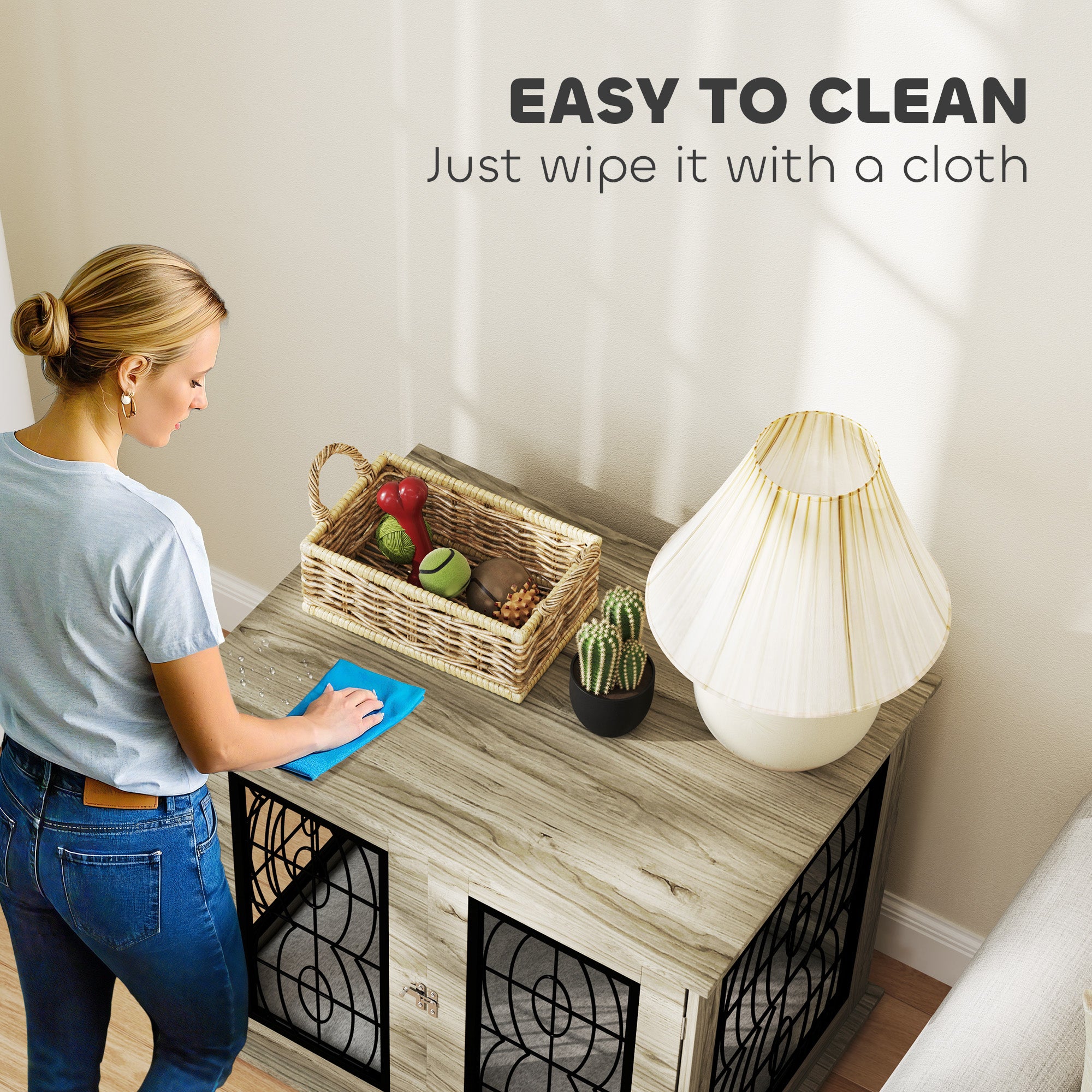 Dog Crate Furniture, Dog Cage with Soft Washable Cushion, Furniture-Style Pet Kennel Indoor House End Side Table for Small Medium Breeds, 80 x 56 x 63 cm, Grey