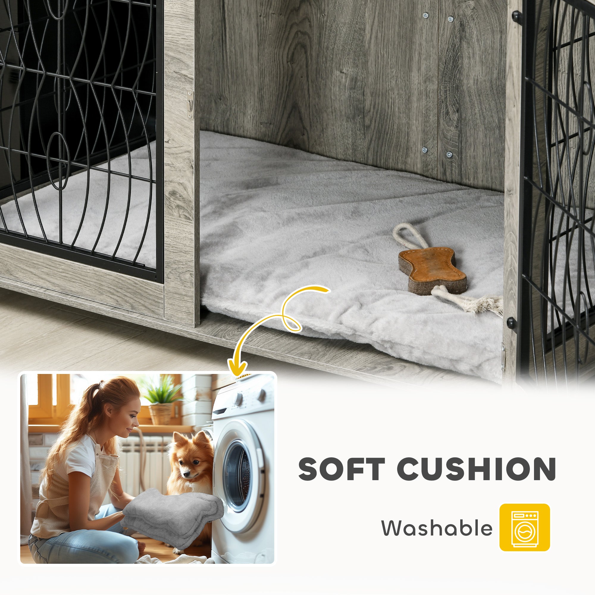 Dog Crate Furniture, Dog Cage with Soft Washable Cushion, Furniture-Style Pet Kennel Indoor House End Side Table for Small Medium Breeds, 80 x 56 x 63 cm, Grey