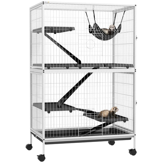 5-Tier Rolling Small Animal Cage, Deluxe Guinea Pig Cage, Ferret Cage for Mink Chinchilla Kitten Rabbit, Small Pet Play House with Hammock Platform, Ramp, Tray, Light Grey
