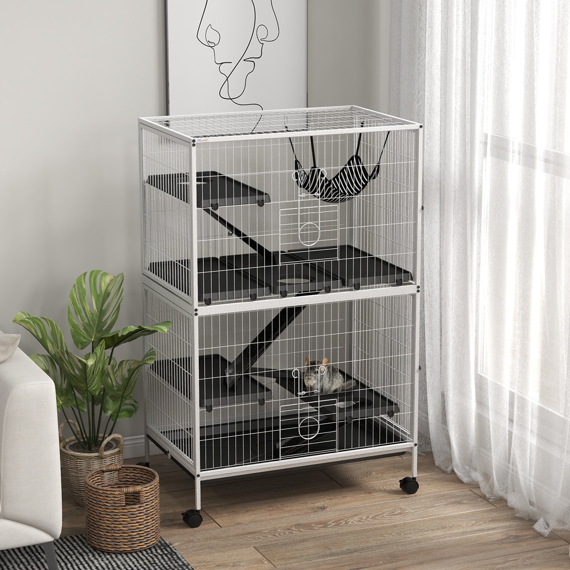 5-Tier Rolling Small Animal Cage, Deluxe Guinea Pig Cage, Ferret Cage for Mink Chinchilla Kitten Rabbit, Small Pet Play House with Hammock Platform, Ramp, Tray, Light Grey