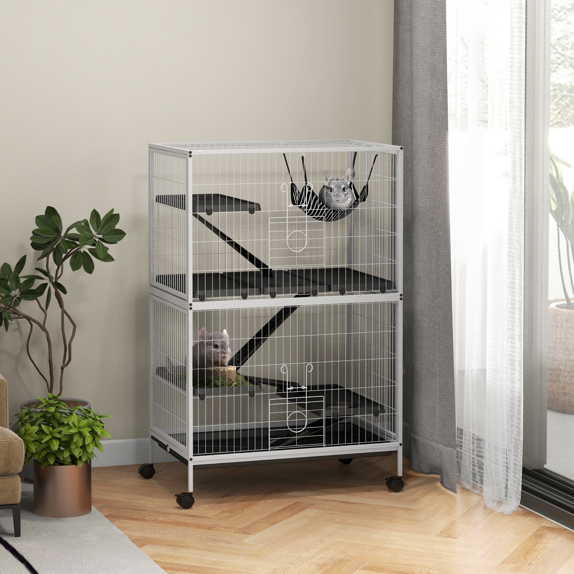 5-Tier Rolling Small Animal Cage, Deluxe Guinea Pig Cage, Ferret Cage for Mink Chinchilla Kitten Rabbit, Small Pet Play House with Hammock Platform, Ramp, Tray, Light Grey