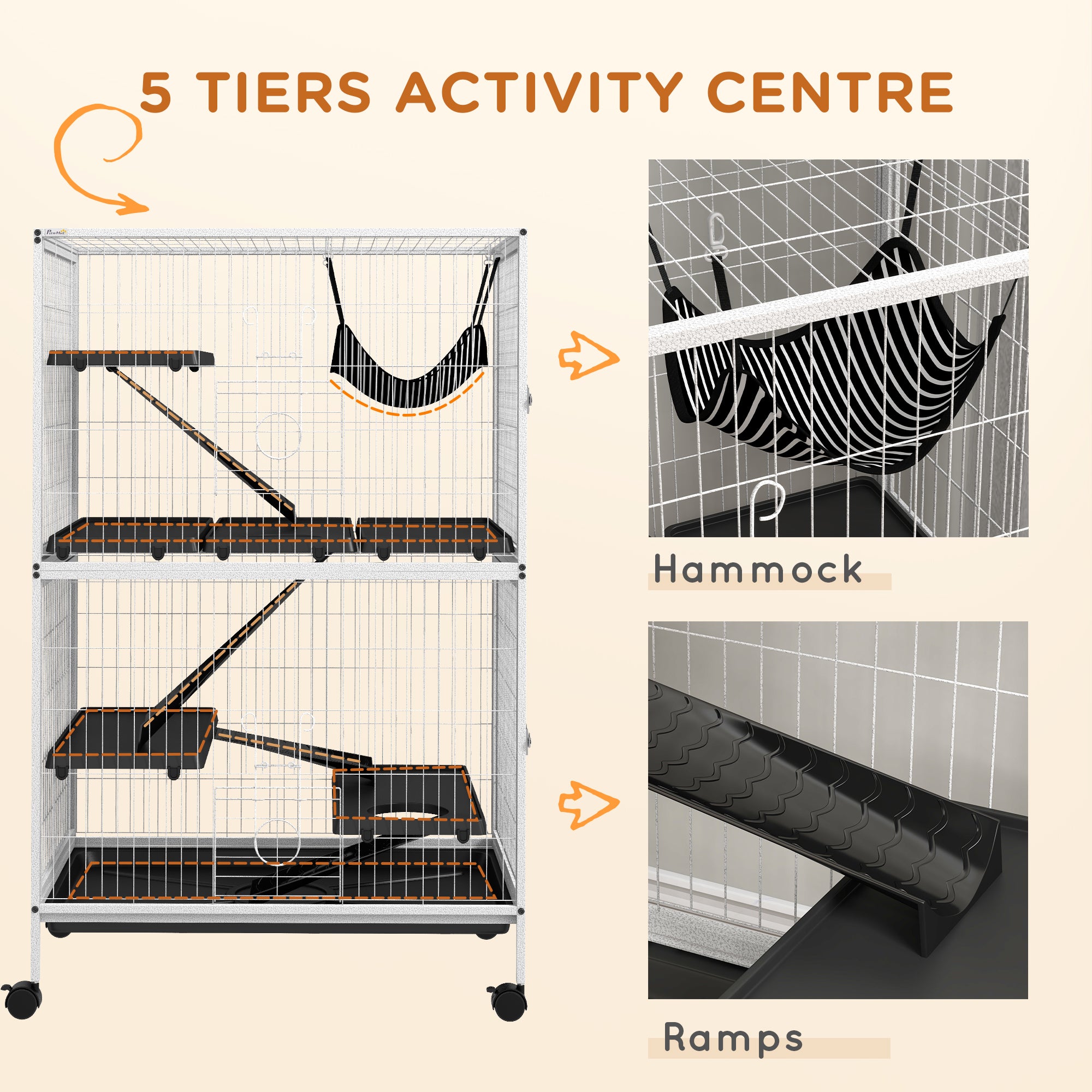 5-Tier Rolling Small Animal Cage, Deluxe Guinea Pig Cage, Ferret Cage for Mink Chinchilla Kitten Rabbit, Small Pet Play House with Hammock Platform, Ramp, Tray, Light Grey