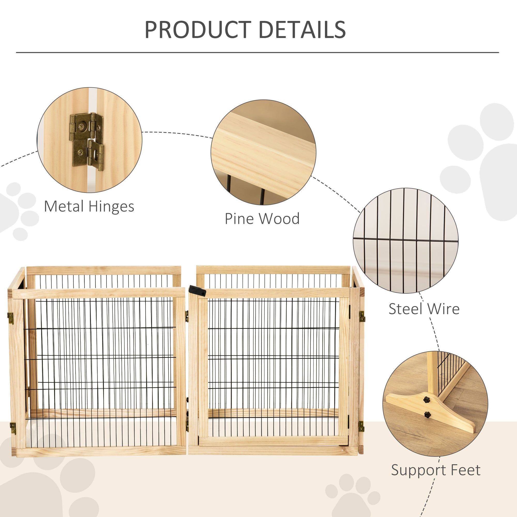 Wooden Pet Gate, Dog Safety Barrier, Freestanding Foldable Fence, w/ 6 Panels, 2 Support Feet, for House Doorway Stairs, Small & Medium Dogs, Natural Wood