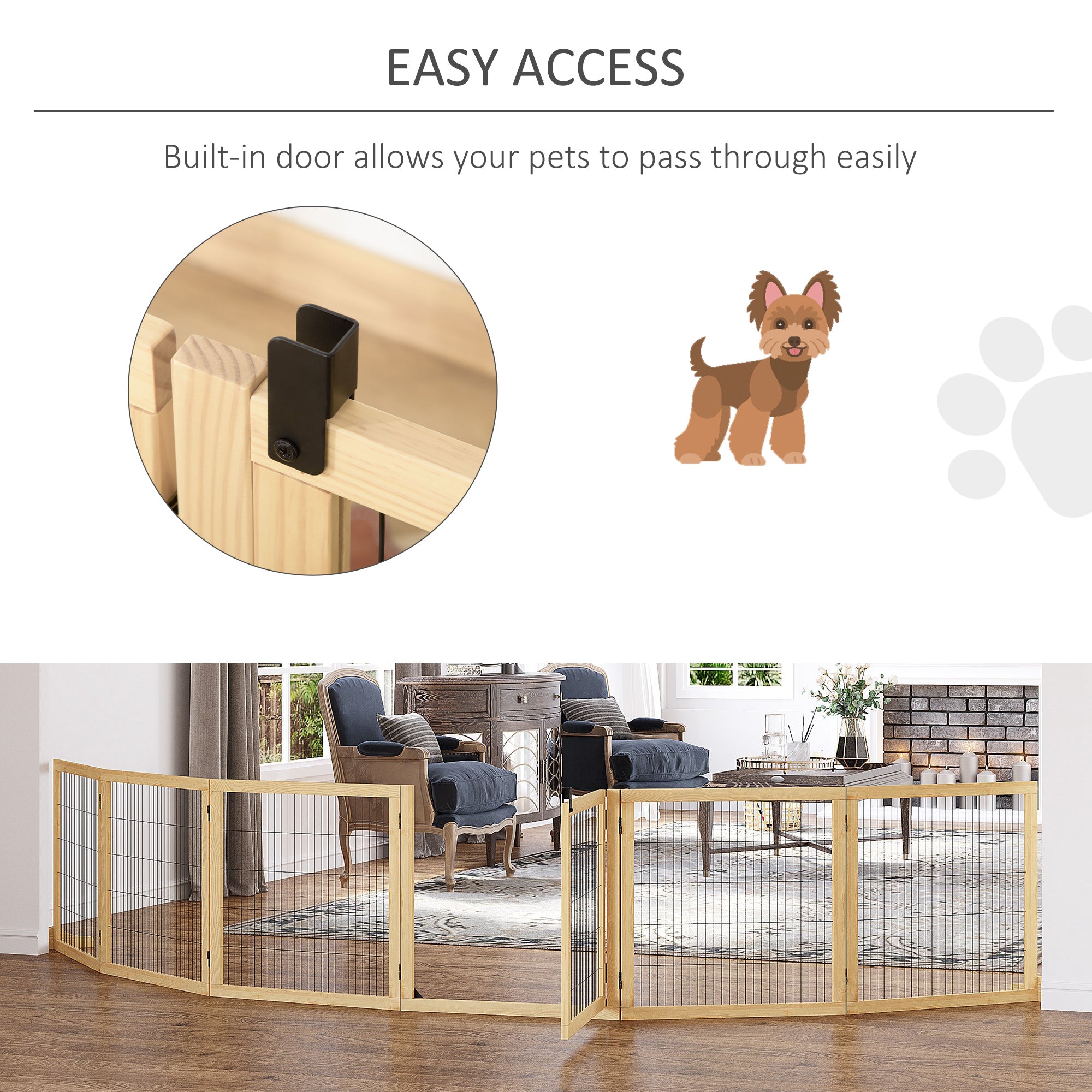 Wooden Pet Gate, Dog Safety Barrier, Freestanding Foldable Fence, w/ 6 Panels, 2 Support Feet, for House Doorway Stairs, Small & Medium Dogs, Natural Wood