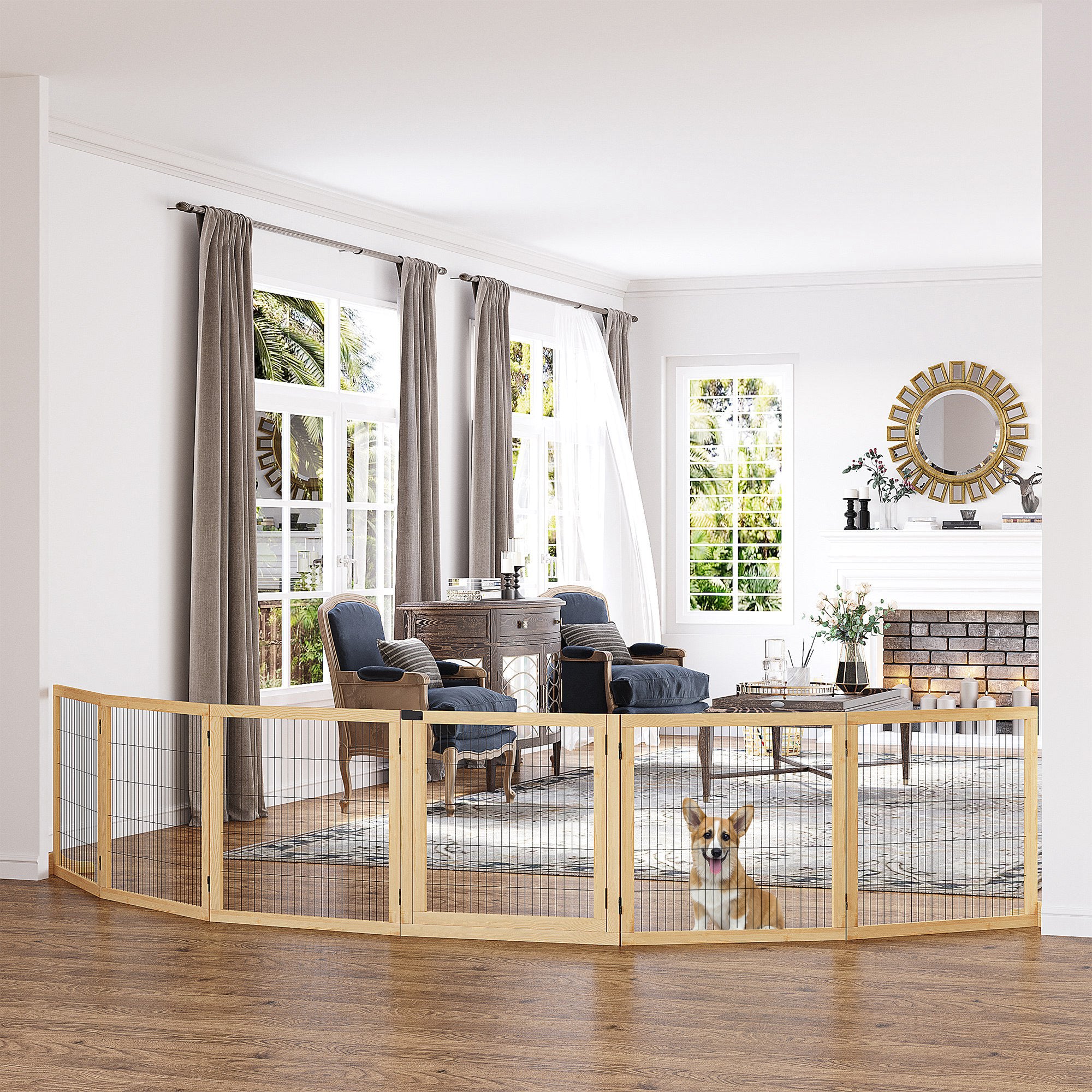 Wooden Pet Gate, Dog Safety Barrier, Freestanding Foldable Fence, w/ 6 Panels, 2 Support Feet, for House Doorway Stairs, Small & Medium Dogs, Natural Wood