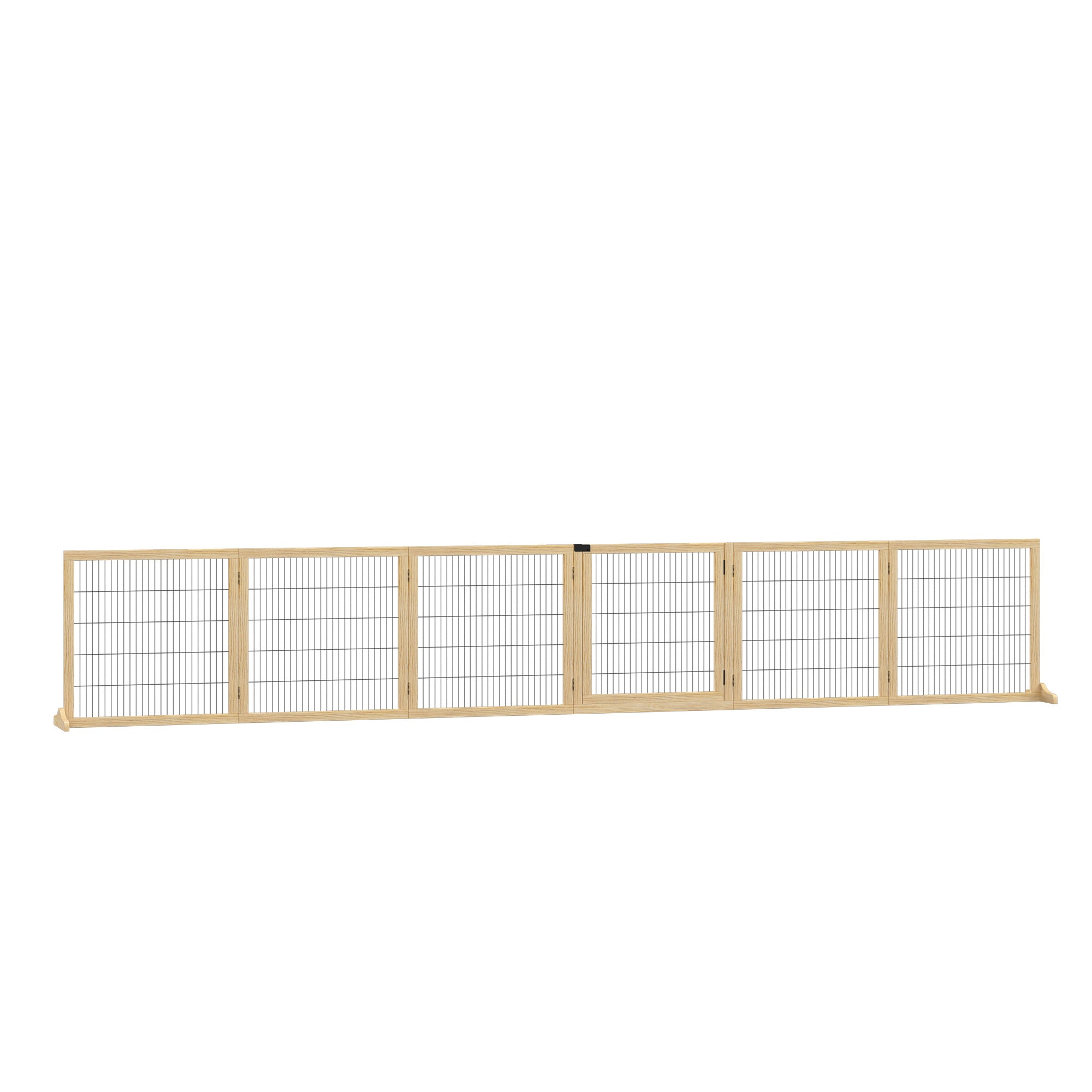 Wooden Pet Gate, Dog Safety Barrier, Freestanding Foldable Fence, w/ 6 Panels, 2 Support Feet, for House Doorway Stairs, Small & Medium Dogs, Natural Wood