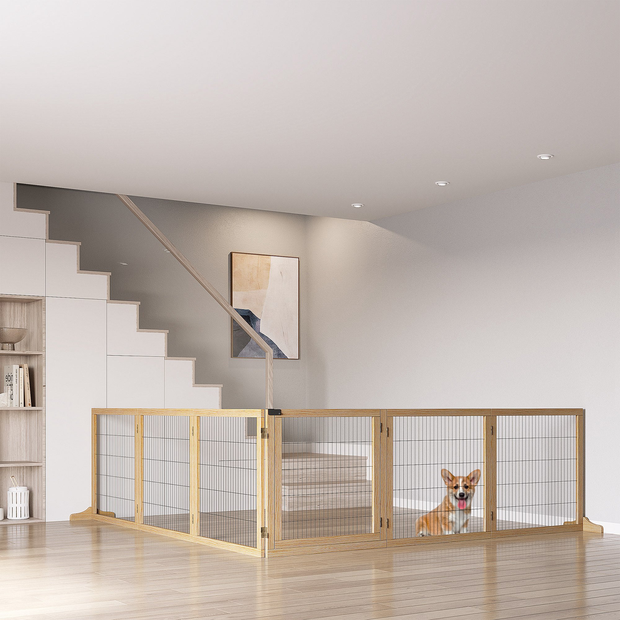 Wooden Pet Gate, Dog Safety Barrier, Freestanding Foldable Fence, w/ 6 Panels, 2 Support Feet, for House Doorway Stairs, Small & Medium Dogs, Natural Wood