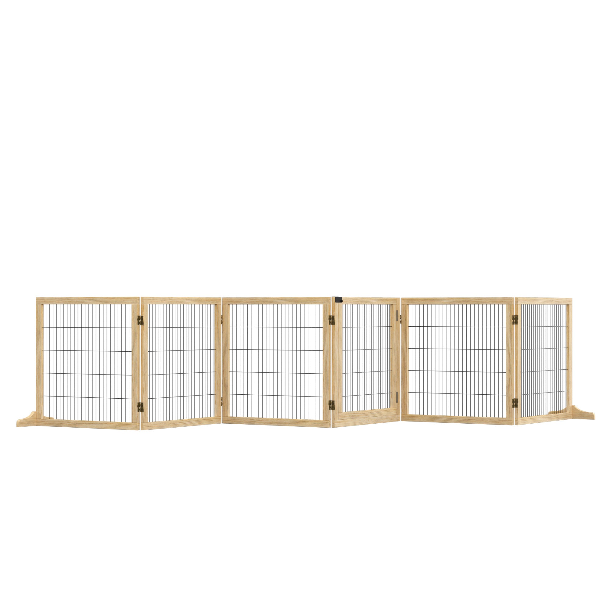Wooden Pet Gate, Dog Safety Barrier, Freestanding Foldable Fence, w/ 6 Panels, 2 Support Feet, for House Doorway Stairs, Small & Medium Dogs, Natural Wood
