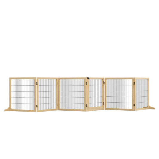 Wooden Pet Gate, Dog Safety Barrier, Freestanding Foldable Fence, w/ 6 Panels, 2 Support Feet, for House Doorway Stairs, Small & Medium Dogs, Natural Wood