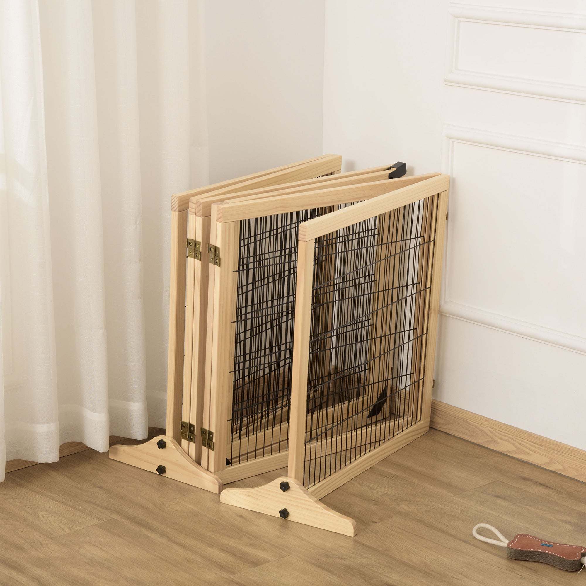 Wooden Pet Gate, Dog Safety Barrier, Freestanding Foldable Fence, w/ 6 Panels, 2 Support Feet, for House Doorway Stairs, Small & Medium Dogs, Natural Wood