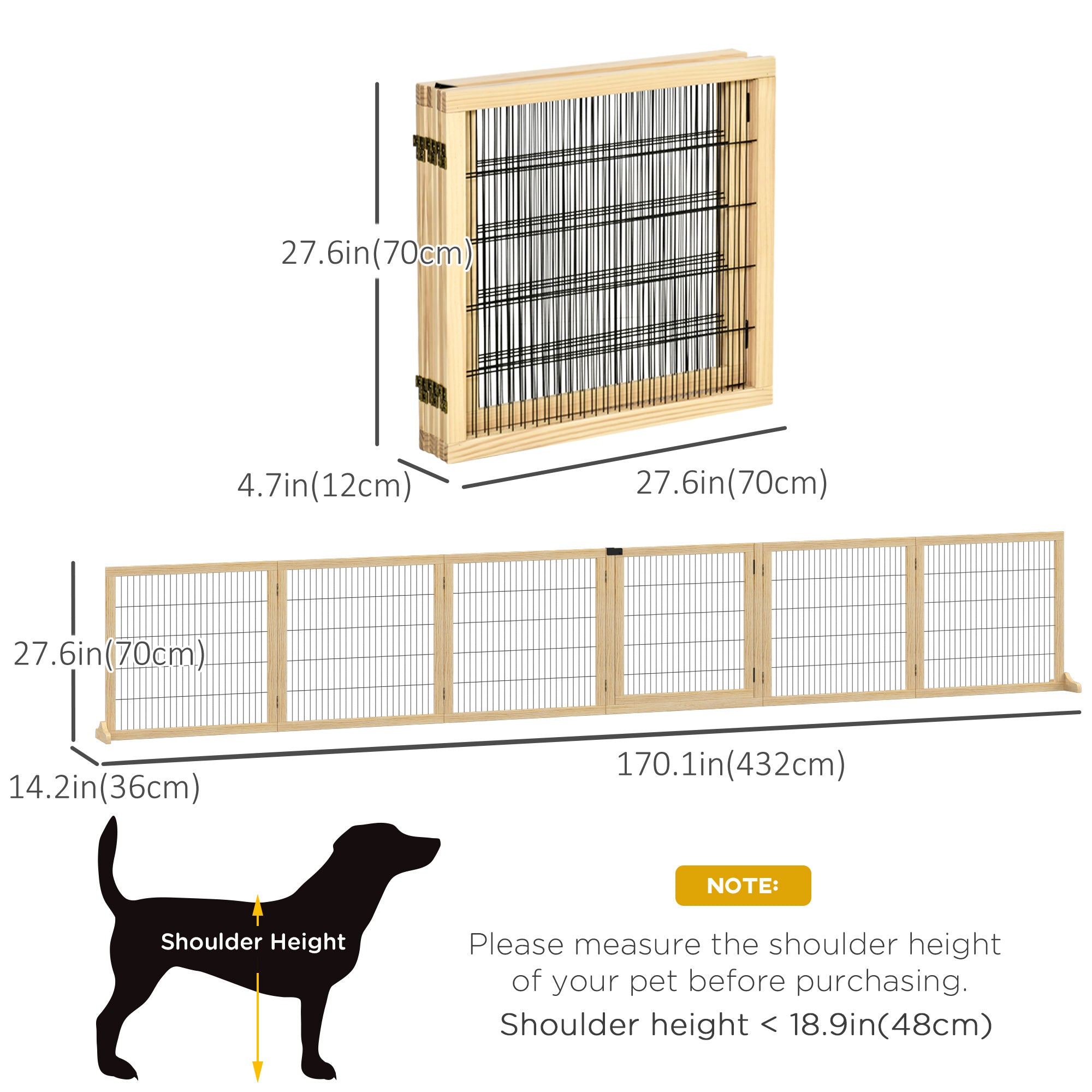 Wooden Pet Gate, Dog Safety Barrier, Freestanding Foldable Fence, w/ 6 Panels, 2 Support Feet, for House Doorway Stairs, Small & Medium Dogs, Natural Wood