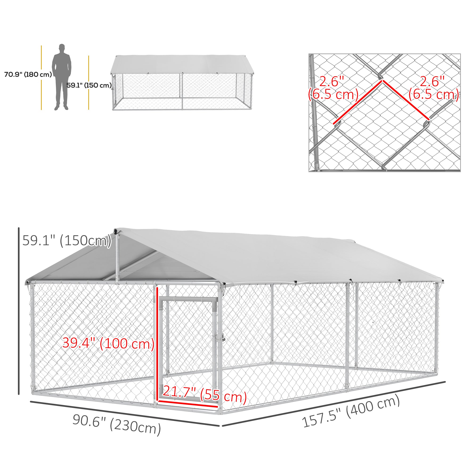 Outdoor Dog Kennel Dog Run with Waterproof, UV Resistant Cover for Medium and Large Sized Dogs, 13.1' x 7.5' x 4.9', Silver