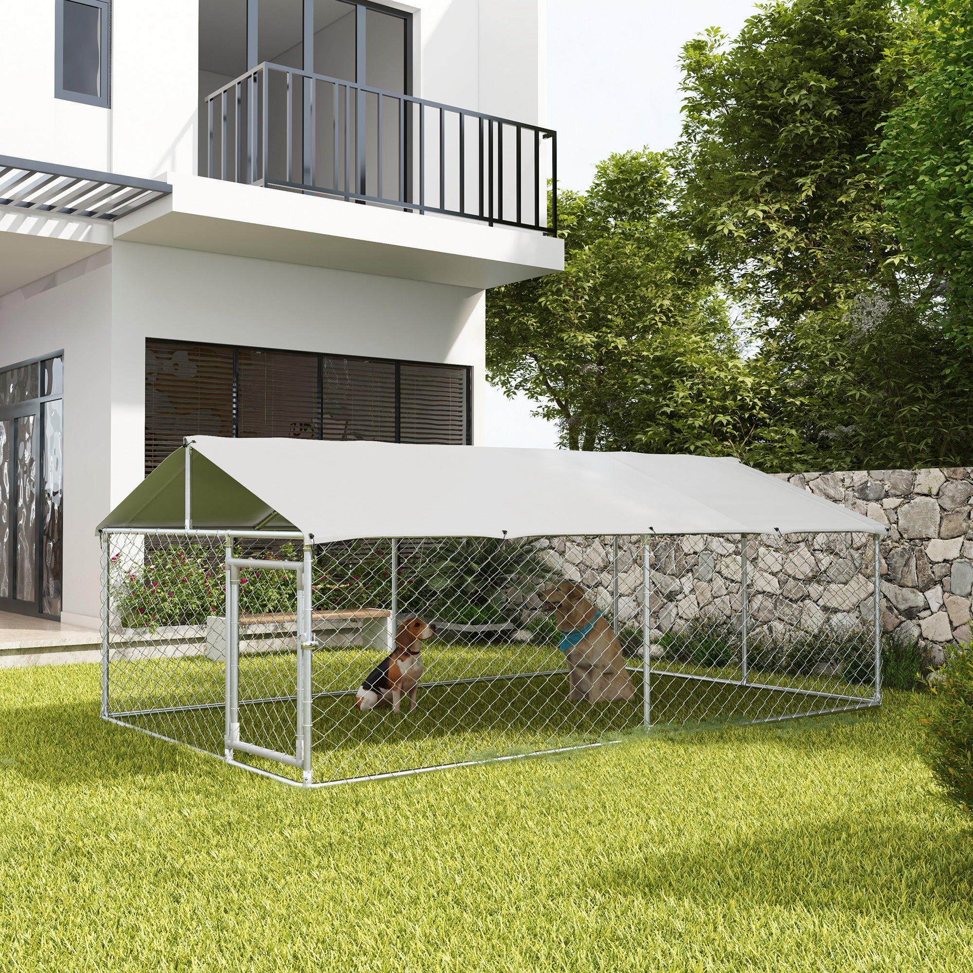 Outdoor Dog Kennel Dog Run with Waterproof, UV Resistant Cover for Medium and Large Sized Dogs, 13.1' x 7.5' x 4.9', Silver