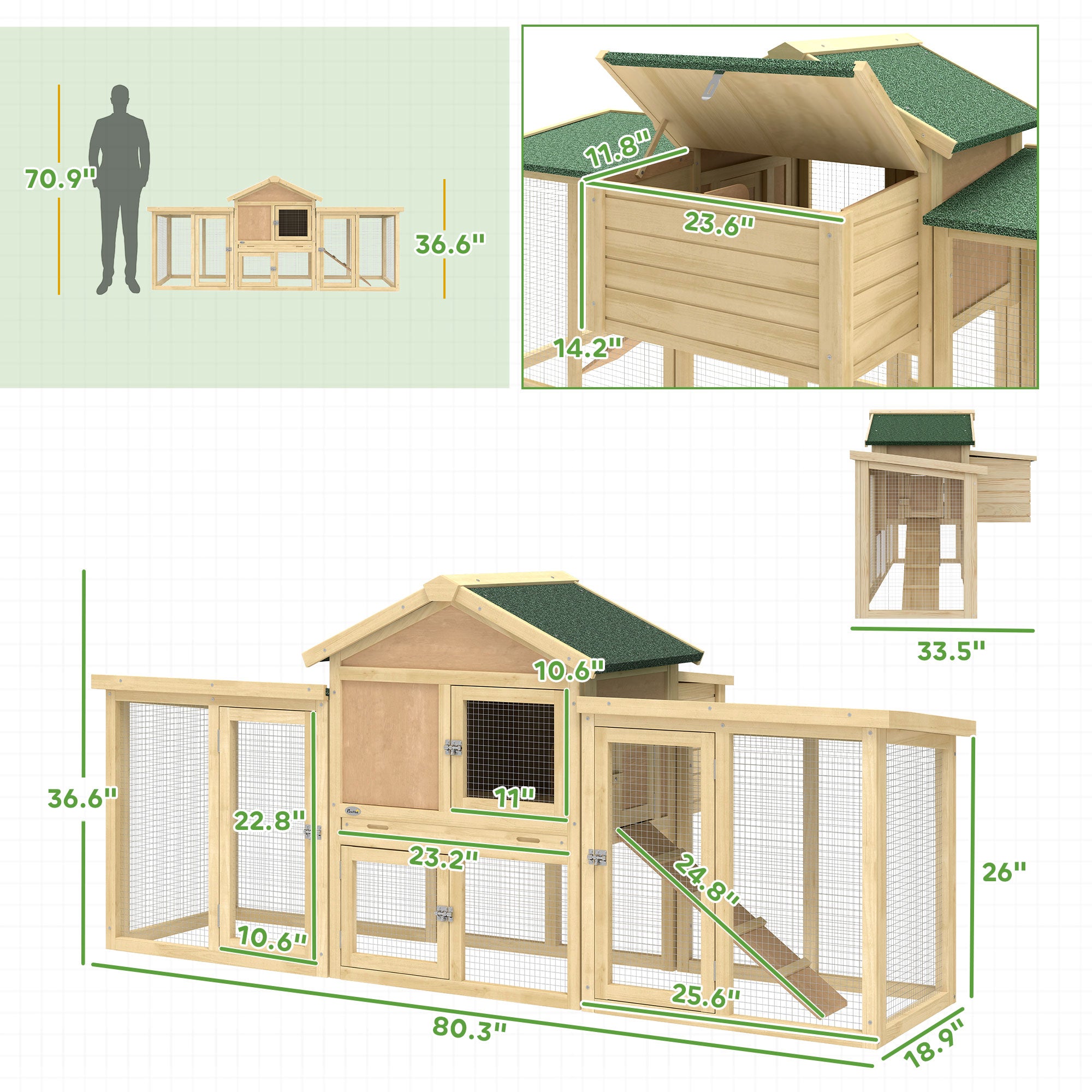 80" Chicken Coop, Wooden Outdoor Chicken Cage Hen House with Nesting Box, Double Runs, Removable Tray, Ramp, for Backyard