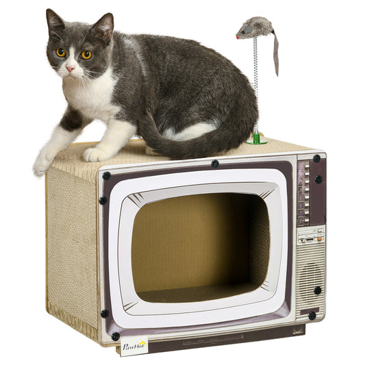 Cardboard Cat House with Scratcher, Catnip, TV-Shaped Cat Play House with Toy Mouse for Indoor Cats