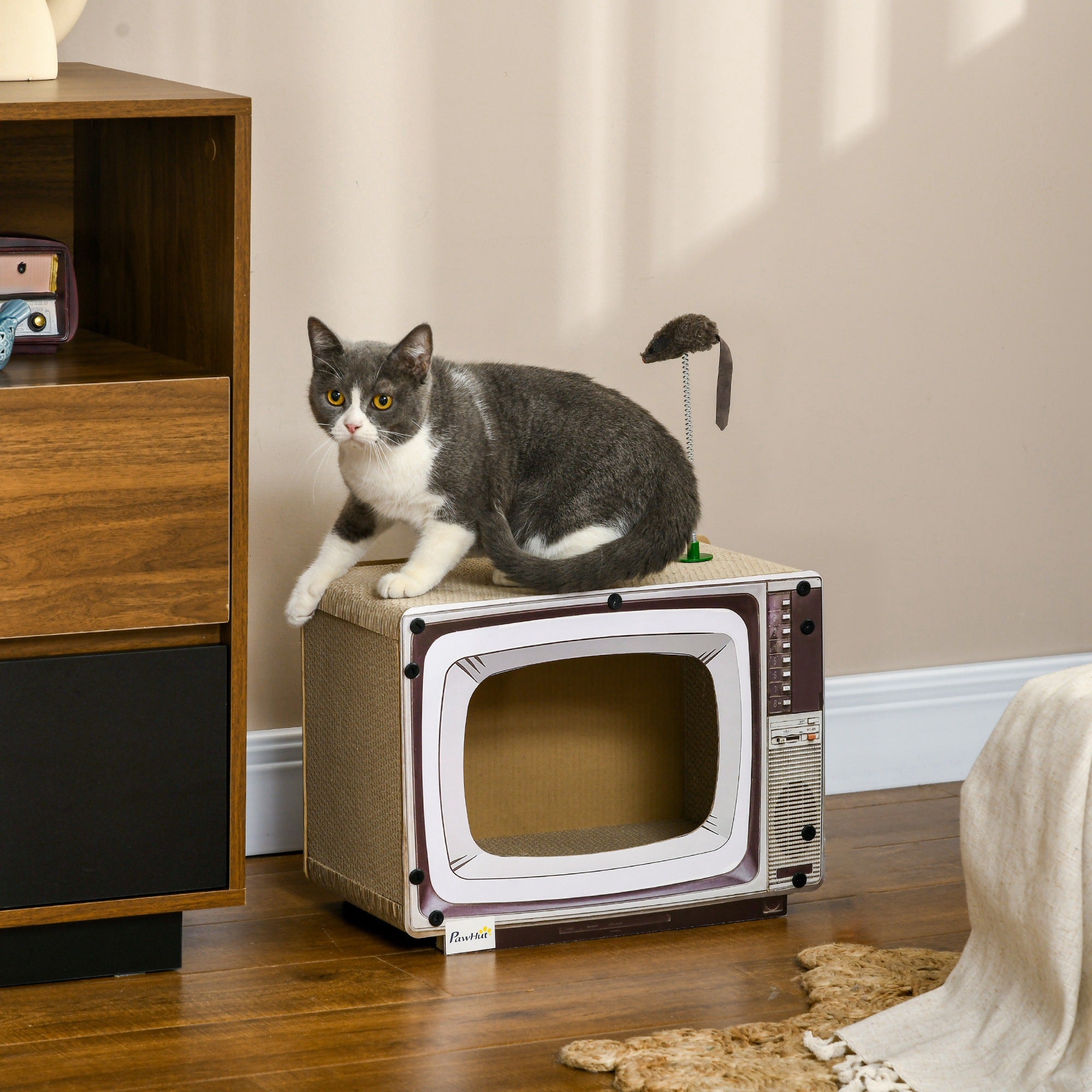 Cardboard Cat House with Scratcher, Catnip, TV-Shaped Cat Play House with Toy Mouse for Indoor Cats