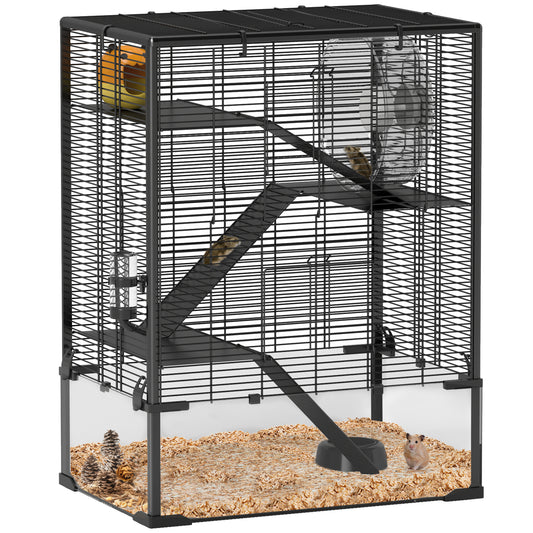 PawHut Large Hamster Cage with Deep Tempered Glass Bottom, 4 Tiers Hamster Tank with Running Wheel, Hut, Water Bottle, Dish, Rat Cage for Syrian, Dwarf, Gerbils, Mouse, 24" x 16" x 31.5", Black