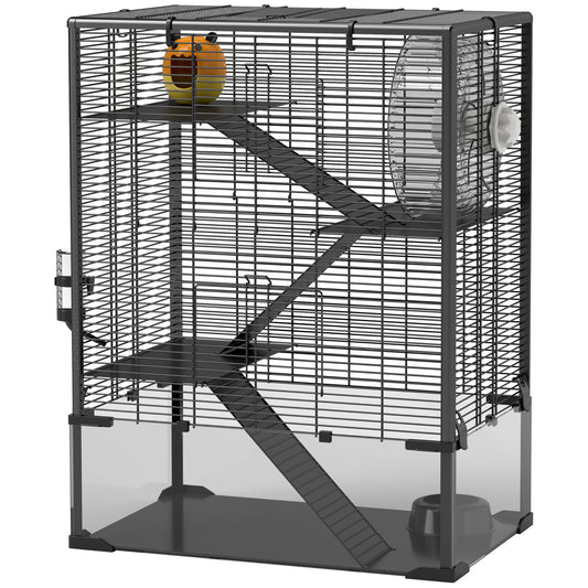PawHut Large Hamster Cage with Deep Tempered Glass Bottom, 4 Tiers Hamster Tank with Running Wheel, Hut, Water Bottle, Dish, Rat Cage for Syrian, Dwarf, Gerbils, Mouse, 24" x 16" x 31.5", Black