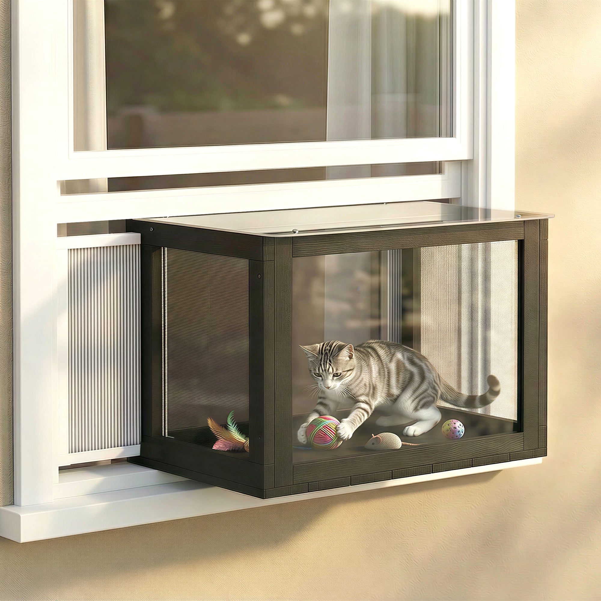 Cat Window Box Catio, Outdoor Indoor Cat Enclosure with Clear Panels, Universal Window Perch for Wall 25"–41", Catio for Indoor Pet Sunbathing, Napping & Overlooking