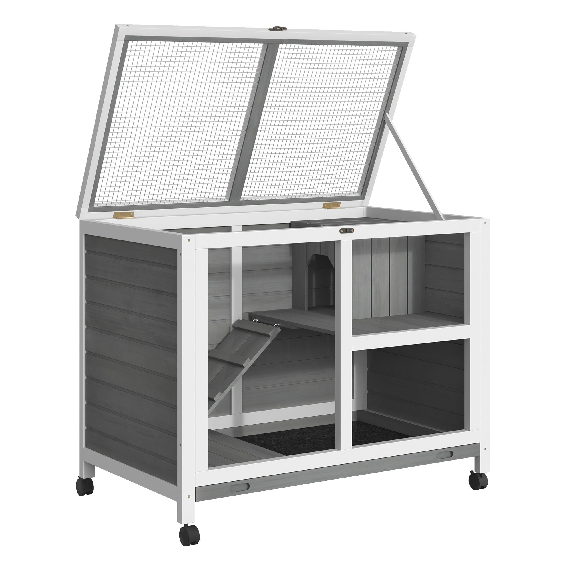 Indoor Rabbit Hutch with Wheels, Bunny Cage Guinea Pig House Small Animals Habitat W/ Top Access, Ramp, Pull Out Tray, Grey