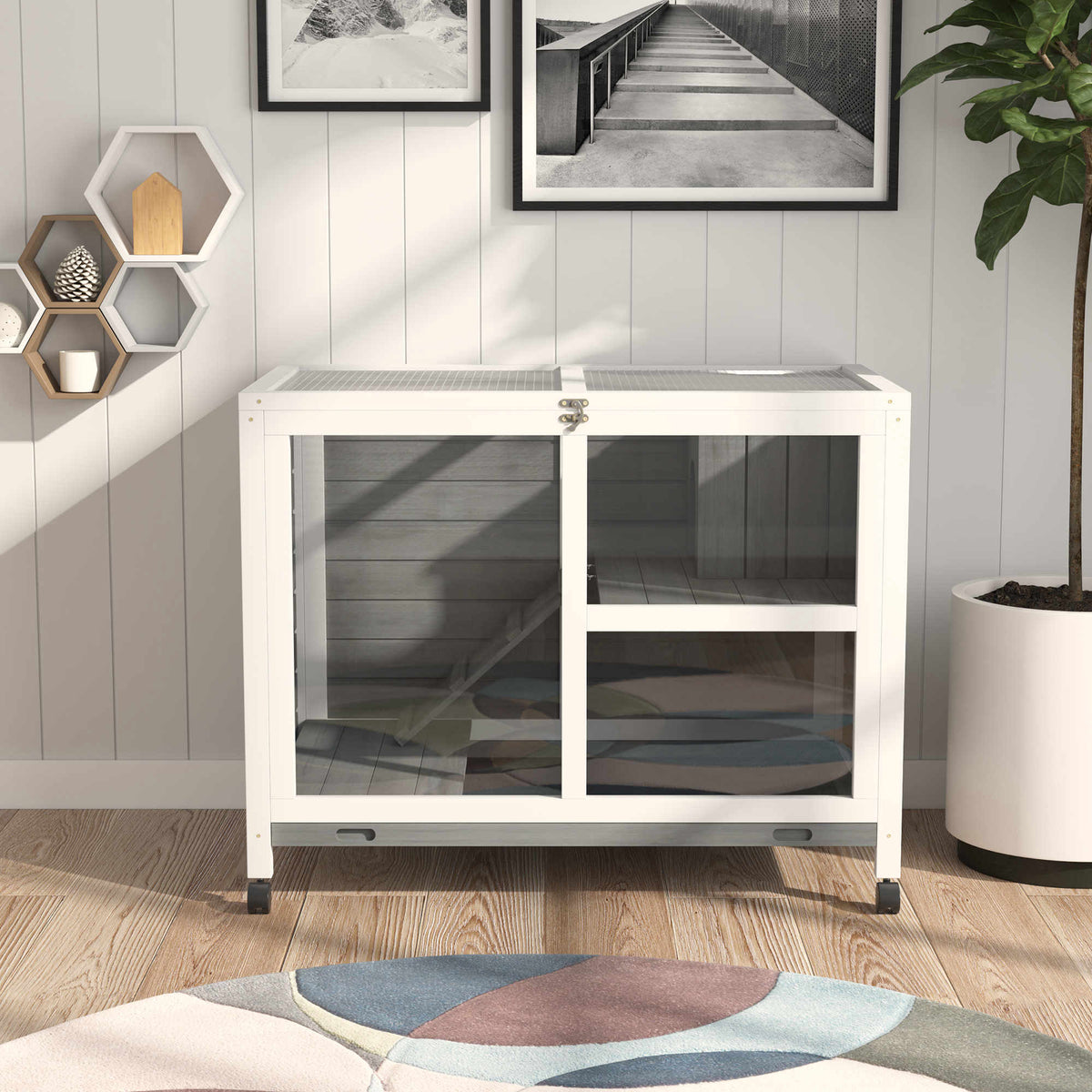 Small Rabbit Side Table PawHut Small Rabbit Cage with Wheels, Desk, Side Table, Waterproof, Gray