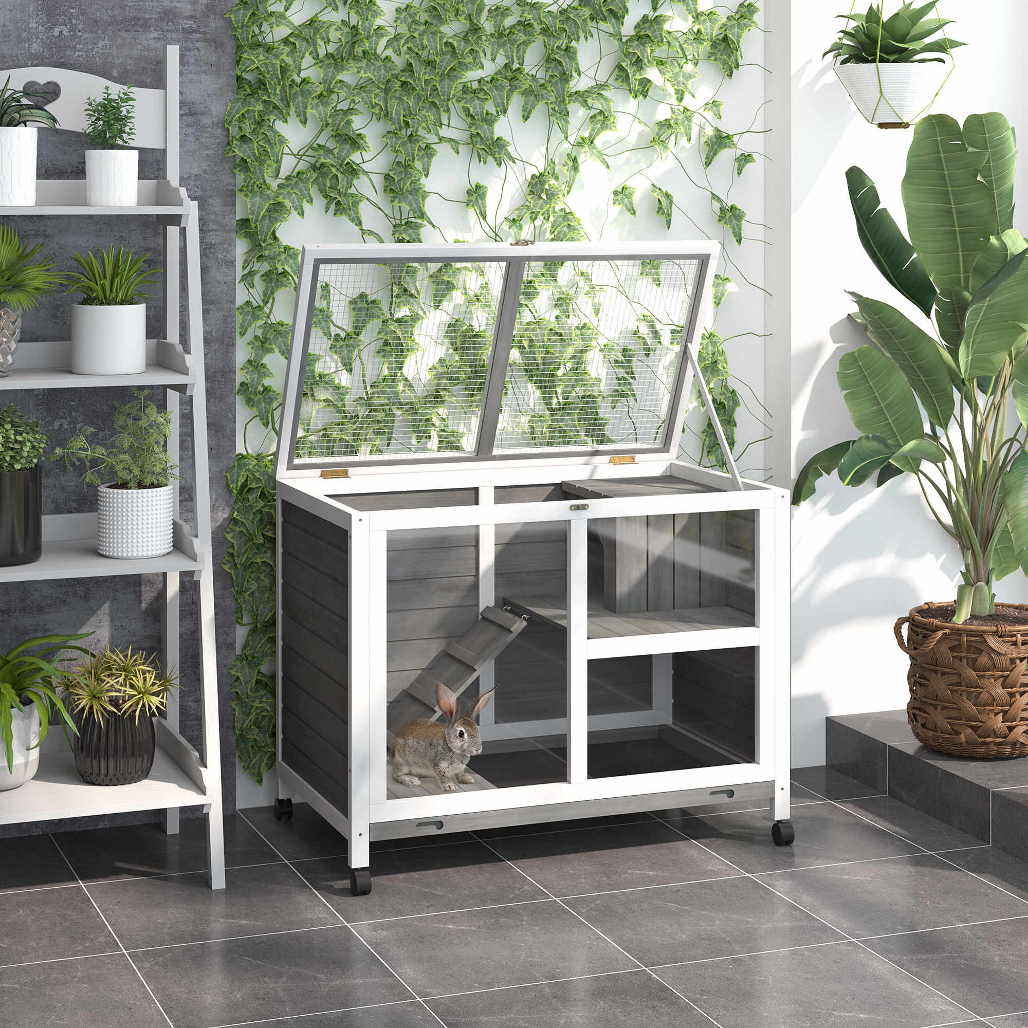 Indoor Rabbit Hutch with Wheels, Bunny Cage Guinea Pig House Small Animals Habitat W/ Top Access, Ramp, Pull Out Tray, Grey