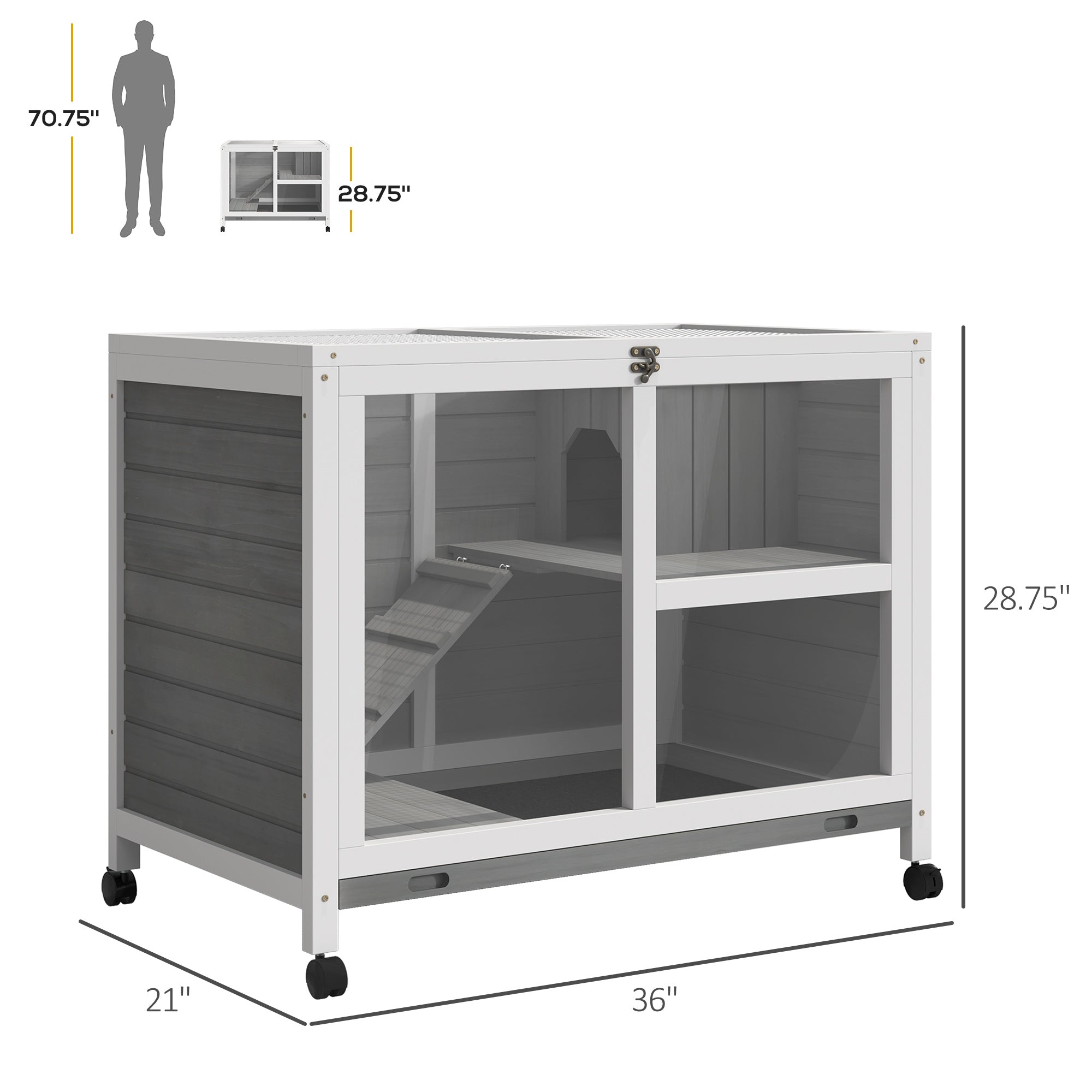Indoor Rabbit Hutch with Wheels, Bunny Cage Guinea Pig House Small Animals Habitat W/ Top Access, Ramp, Pull Out Tray, Grey