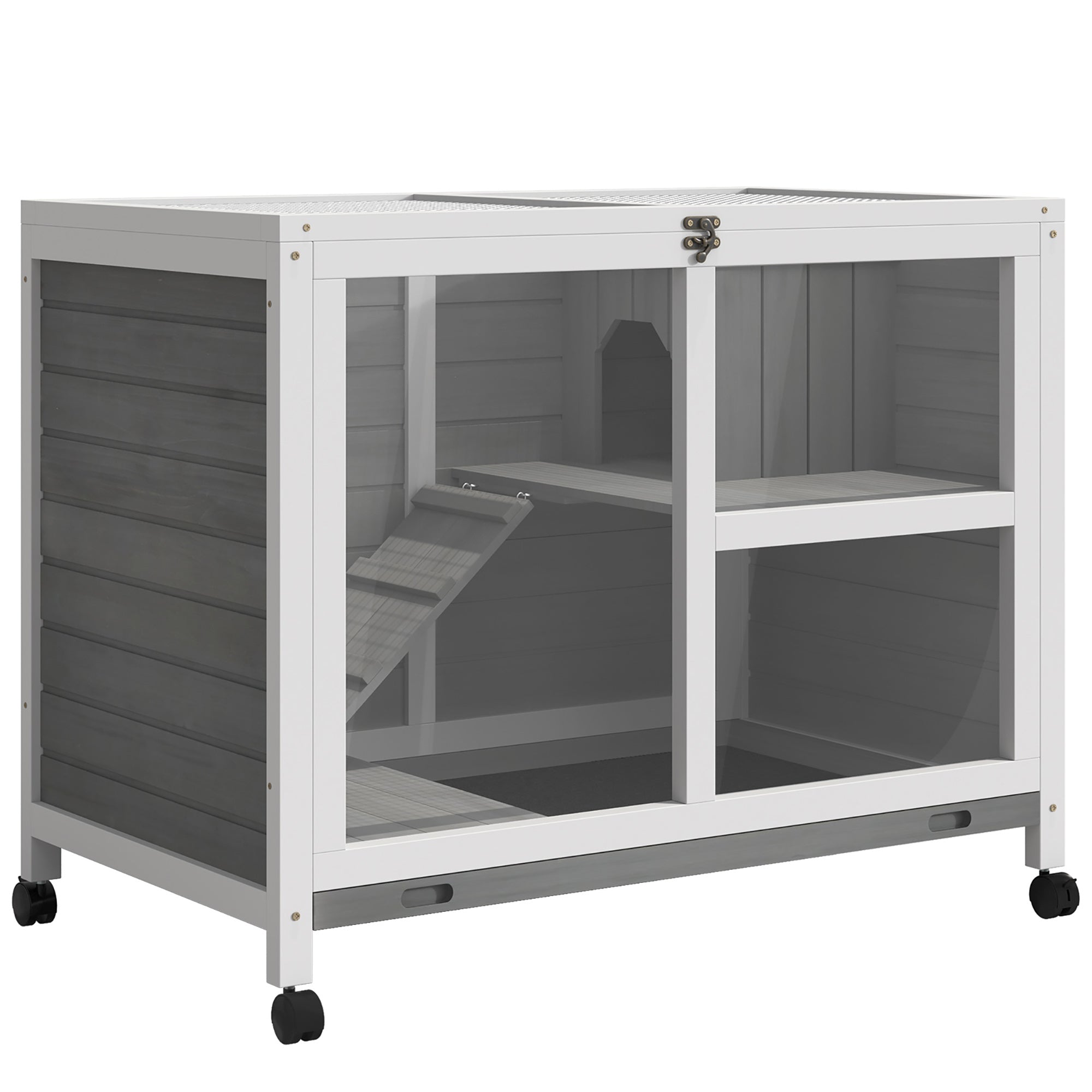 Indoor Rabbit Hutch with Wheels, Bunny Cage Guinea Pig House Small Animals Habitat W/ Top Access, Ramp, Pull Out Tray, Grey