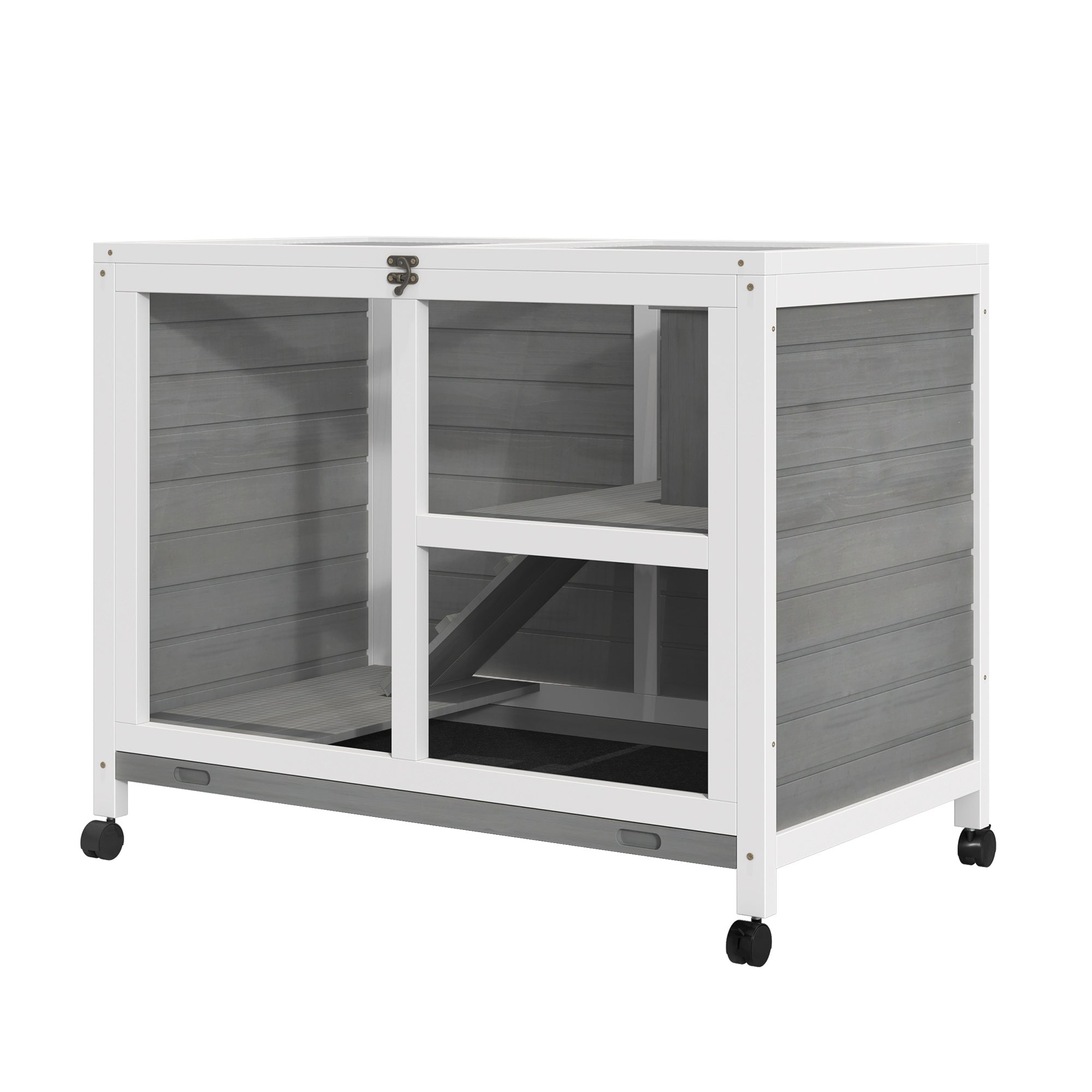 Indoor Rabbit Hutch with Wheels, Bunny Cage Guinea Pig House Small Animals Habitat W/ Top Access, Ramp, Pull Out Tray, Grey