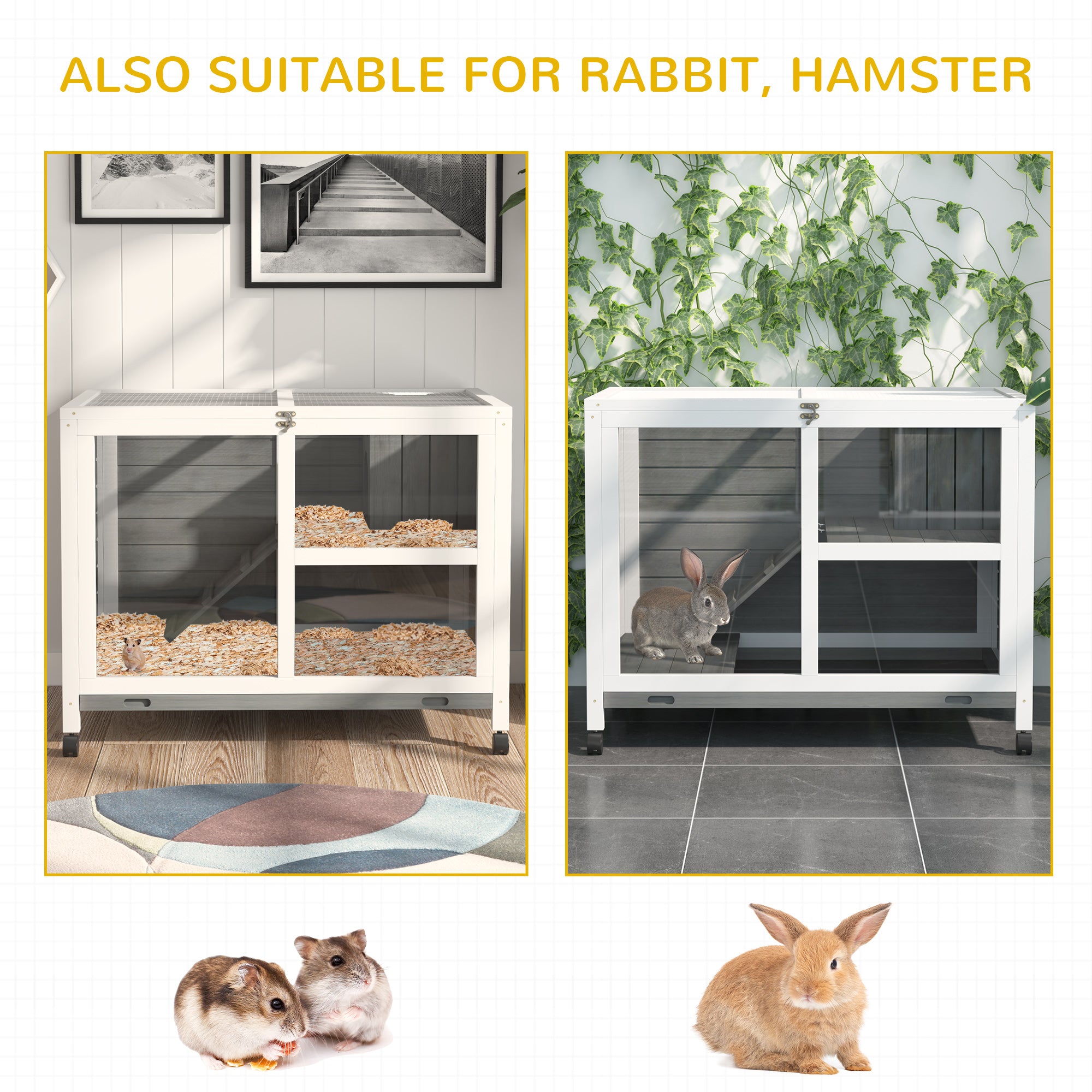 Indoor Rabbit Hutch with Wheels, Bunny Cage Guinea Pig House Small Animals Habitat W/ Top Access, Ramp, Pull Out Tray, Grey