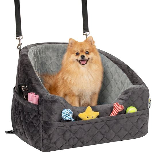 Dog Car Seat for Small Breeds Under 10kg, Dog Booster Seat Detachable Washable with Seat Belt, Thick Cushion, Portable Pet Travel Bed with Storage Pockets, Grey
