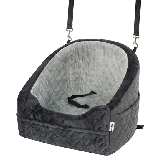 Dog Car Seat for Small Breeds Under 10kg, Dog Booster Seat Detachable Washable with Seat Belt, Thick Cushion, Portable Pet Travel Bed with Storage Pockets, Grey